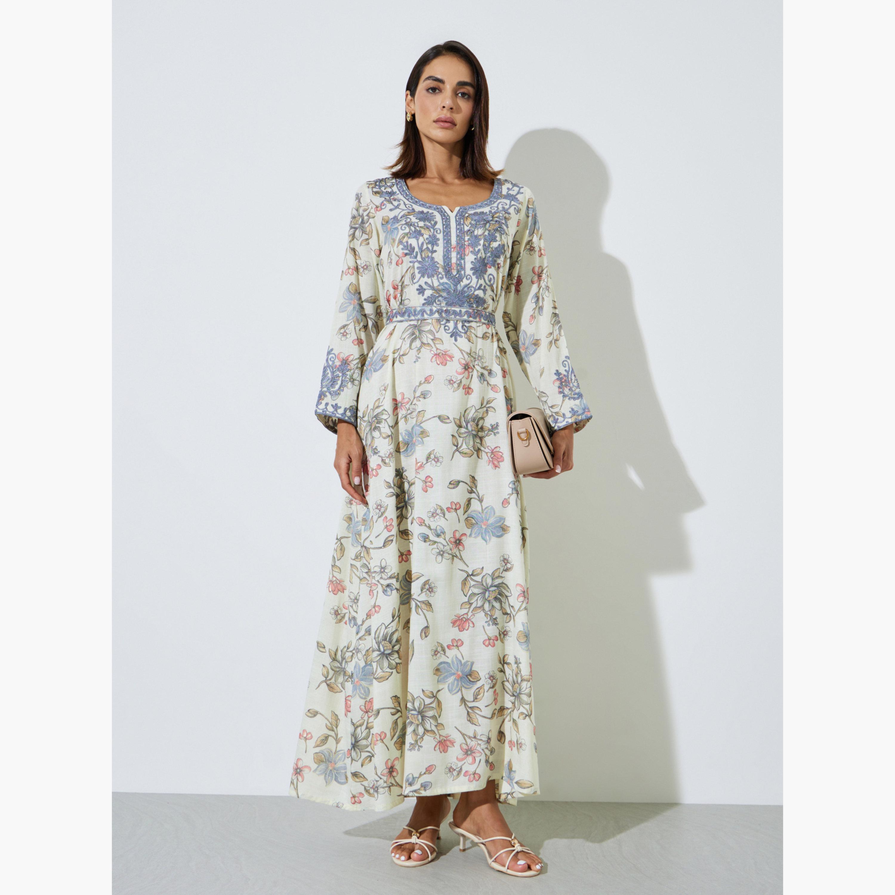 Amirah X Styli Light Blue Floral Maxi Jalabiya with Dori Embroidery-women-arabicclothing-sets-image-1