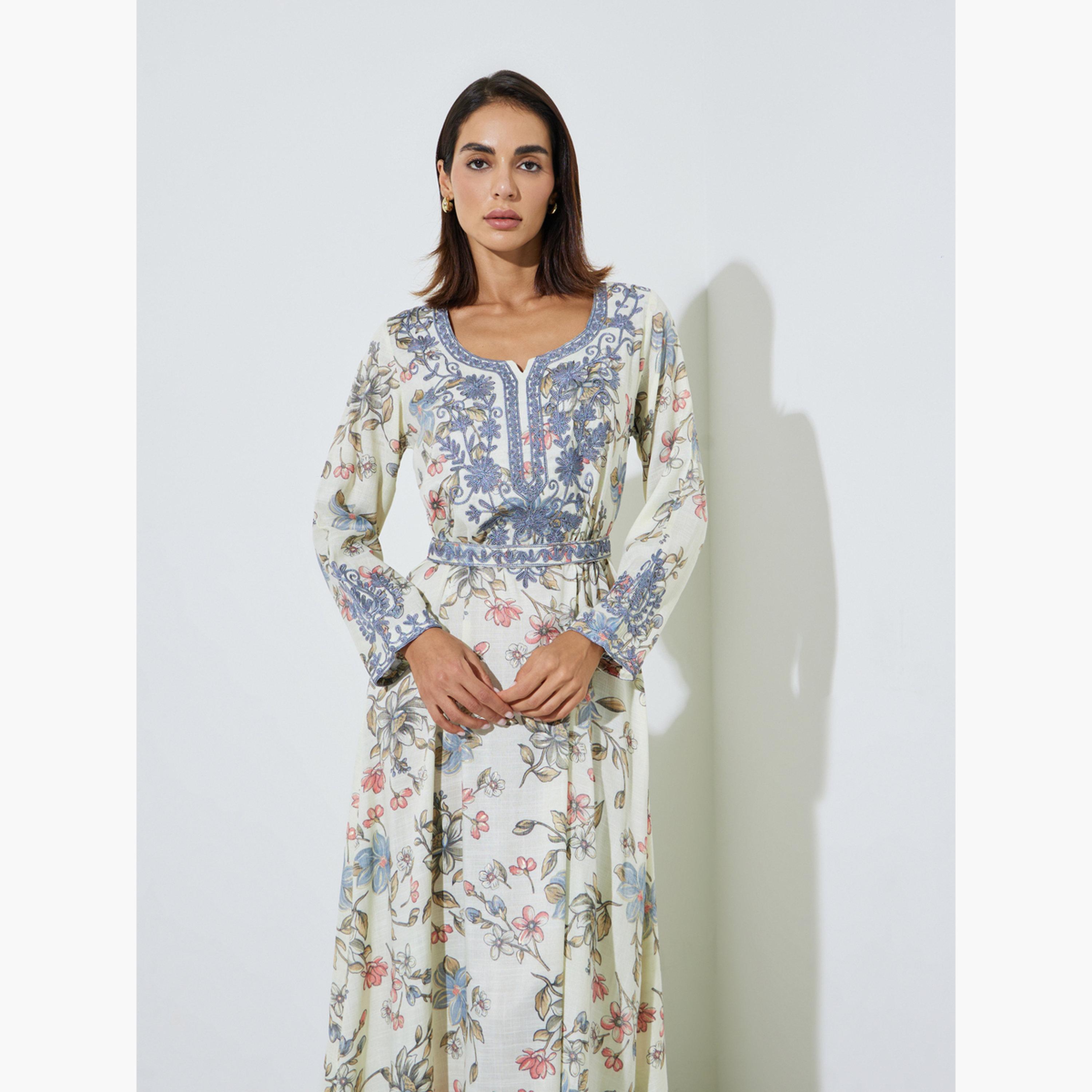 Amirah X Styli Light Blue Floral Maxi Jalabiya with Dori Embroidery-women-arabicclothing-sets-image-2
