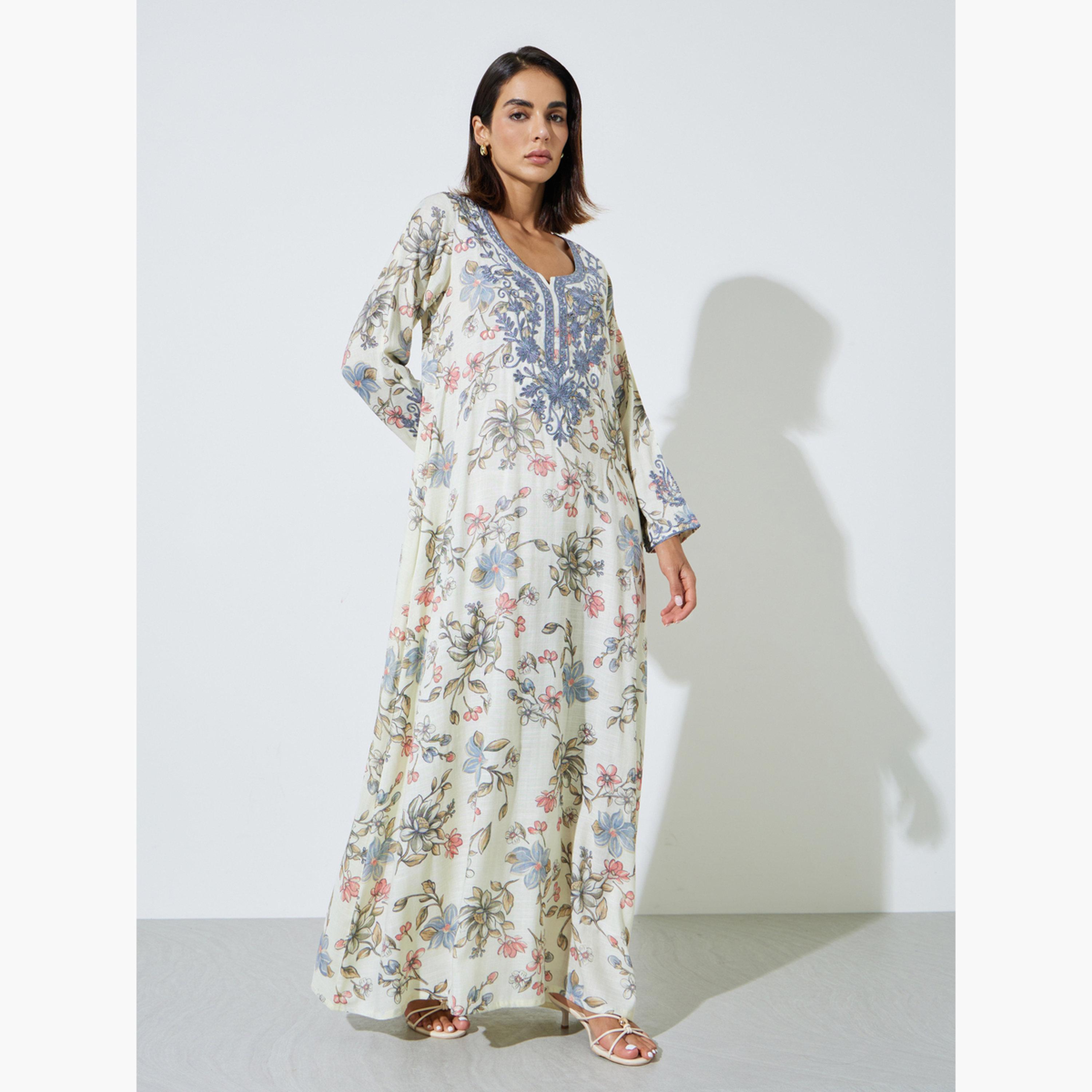 Amirah X Styli Light Blue Floral Maxi Jalabiya with Dori Embroidery-women-arabicclothing-sets-image-3