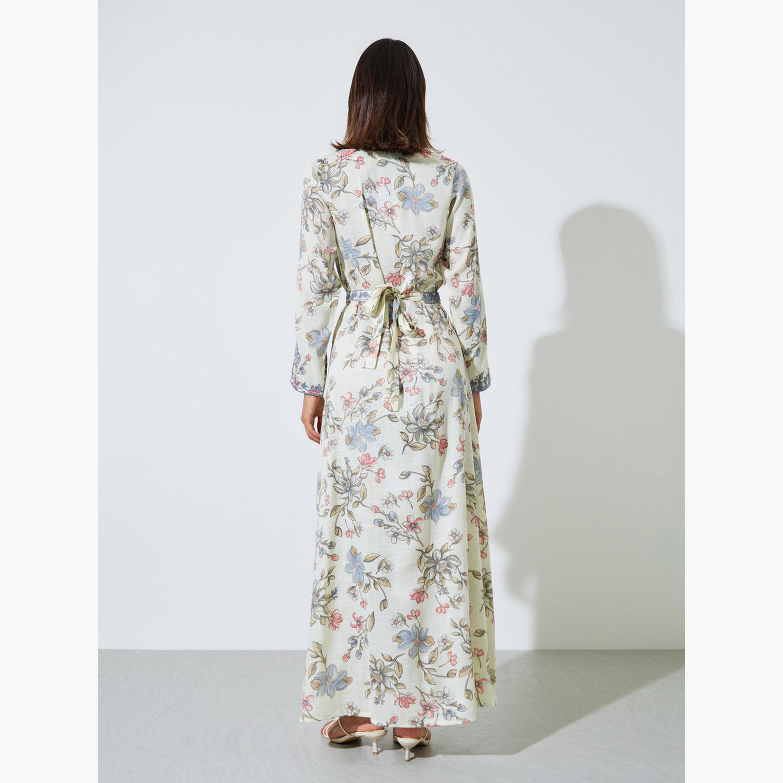Amirah X Styli Light Blue Floral Maxi Jalabiya with Dori Embroidery-women-arabicclothing-sets-image-4