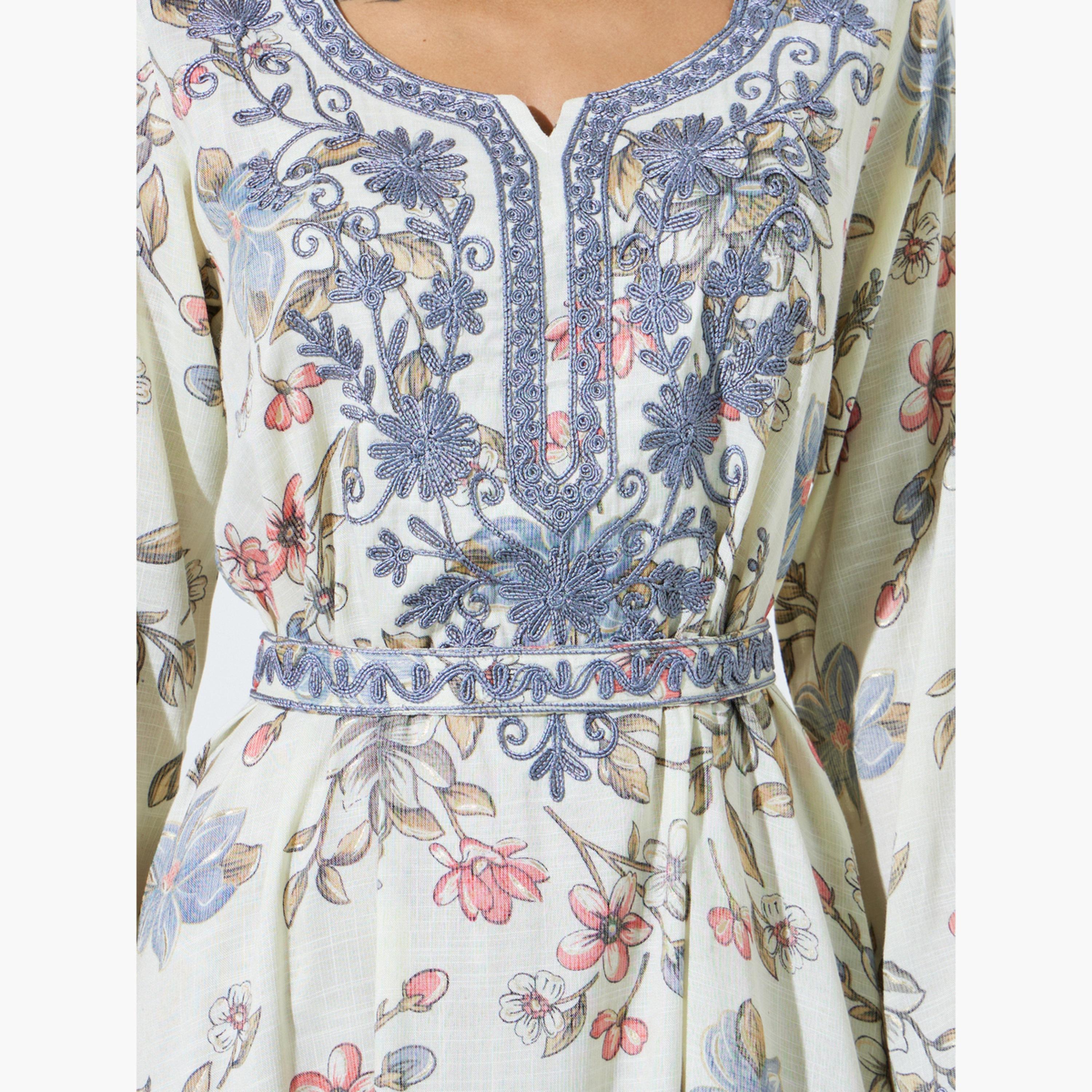 Amirah X Styli Light Blue Floral Maxi Jalabiya with Dori Embroidery-women-arabicclothing-sets-image-5