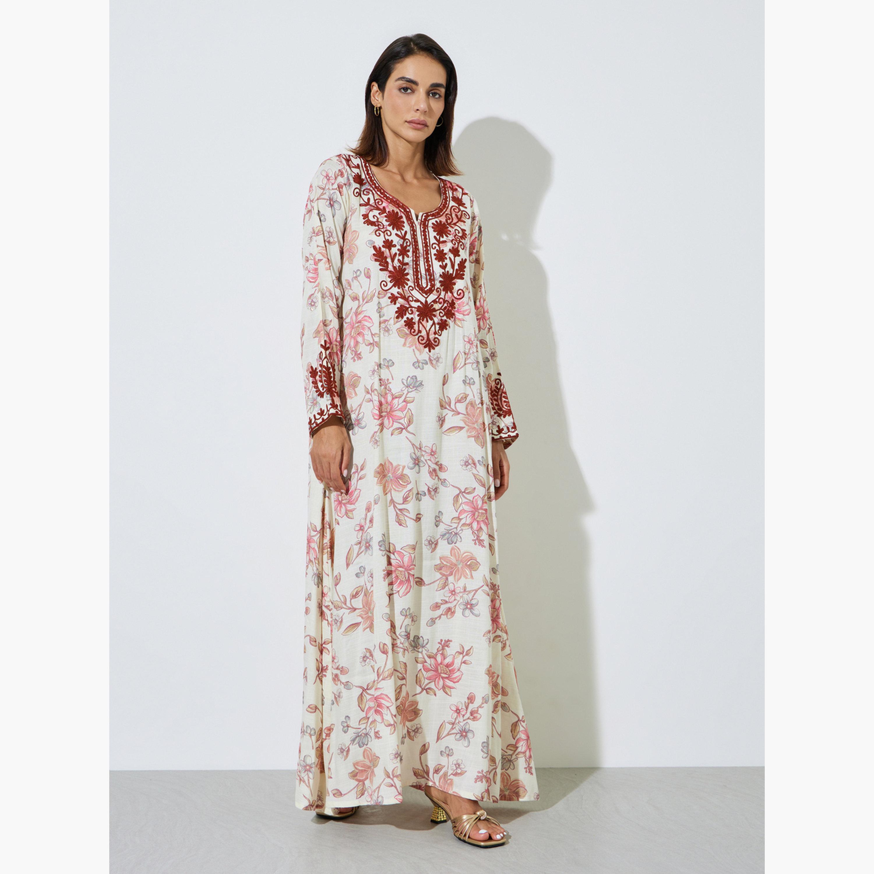 Amirah X Styli Off White Floral Maxi Jalabiya with Dori Embroidery-women-arabicclothing-jalabiyas-image-3