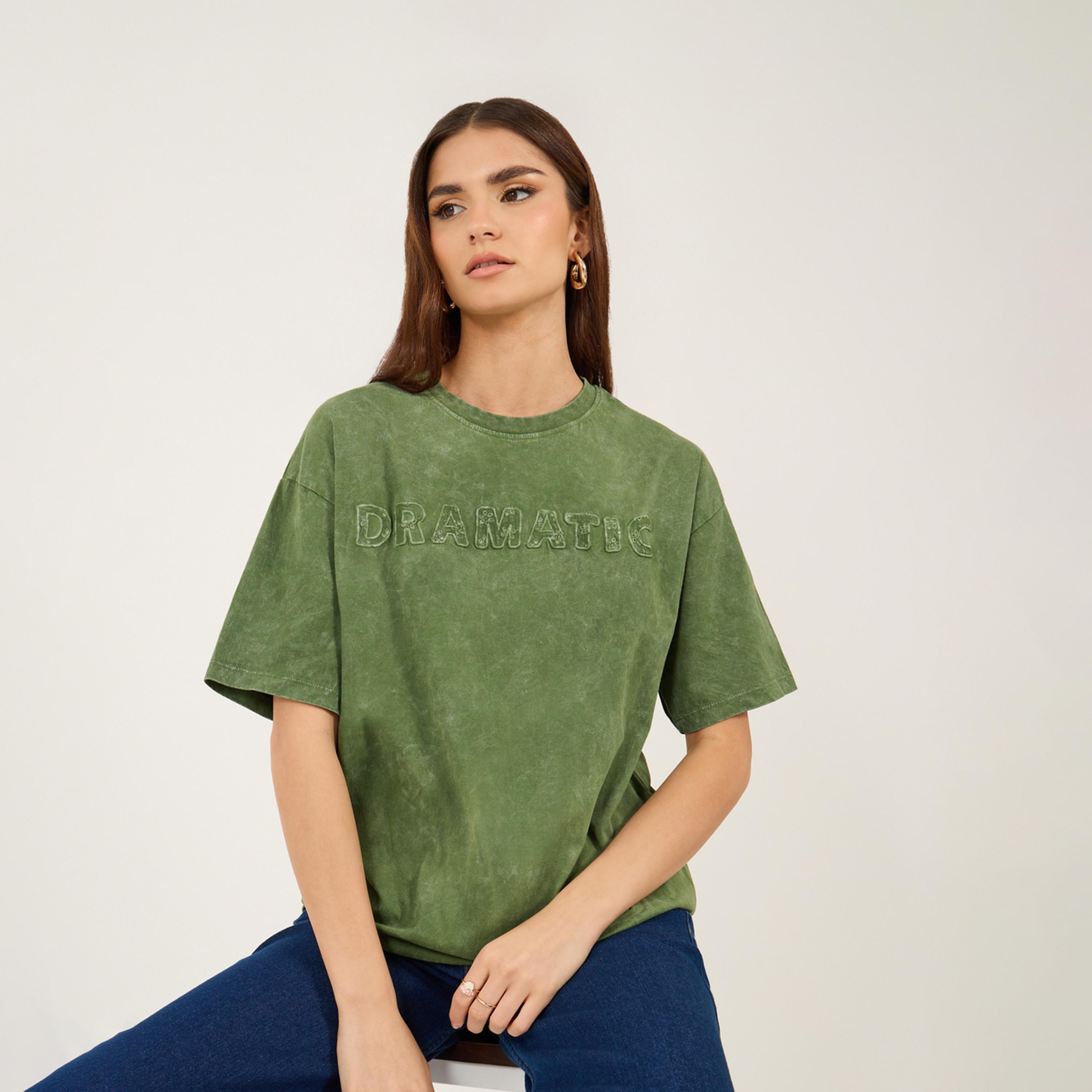Styli Acid Wash Slogan Detail Round Neck Oversized T-Shirt-women-clothing-tshirts-image-1