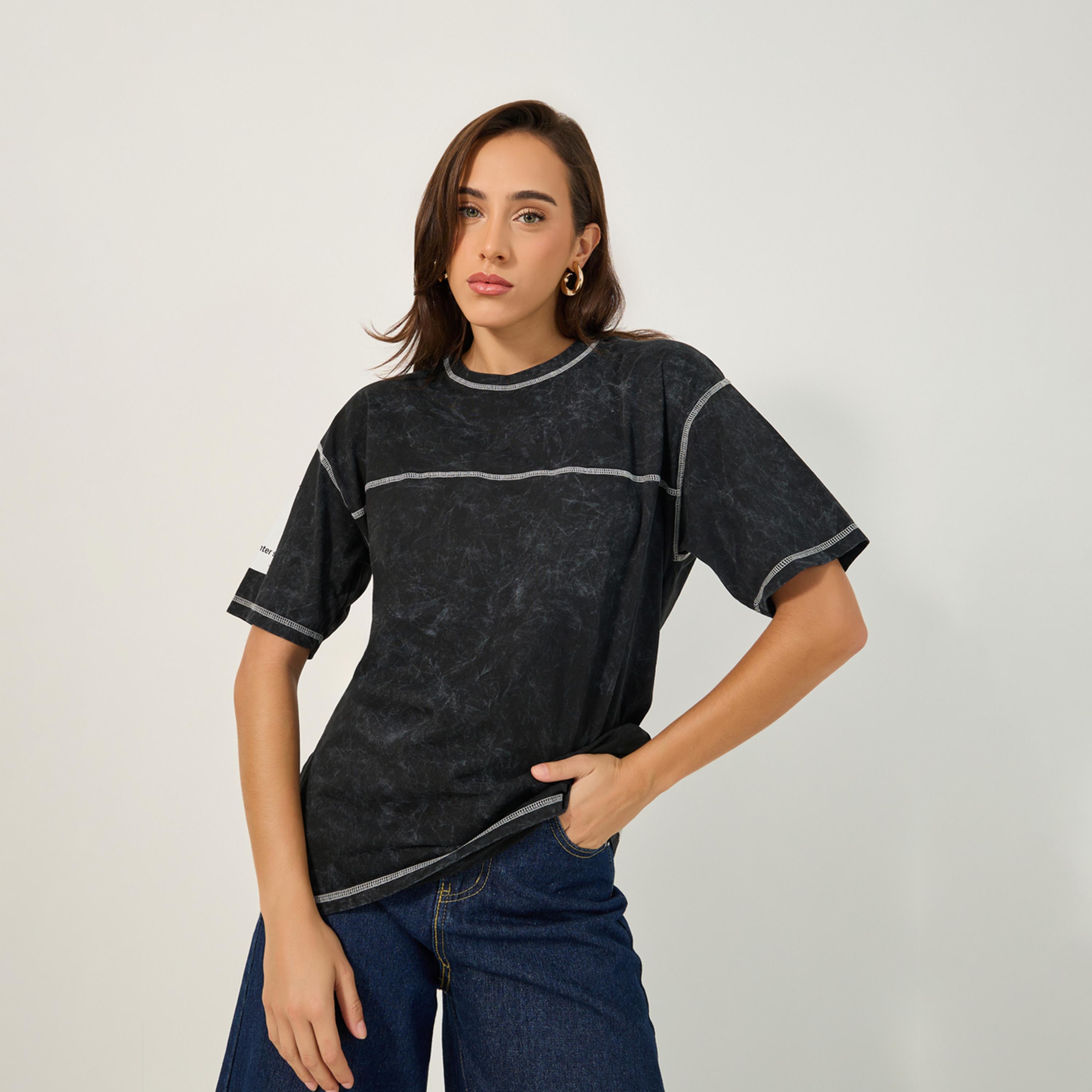 Styli Acid Wash Slogan Print Oversized T-Shirt-women-clothing-tshirts-image-1