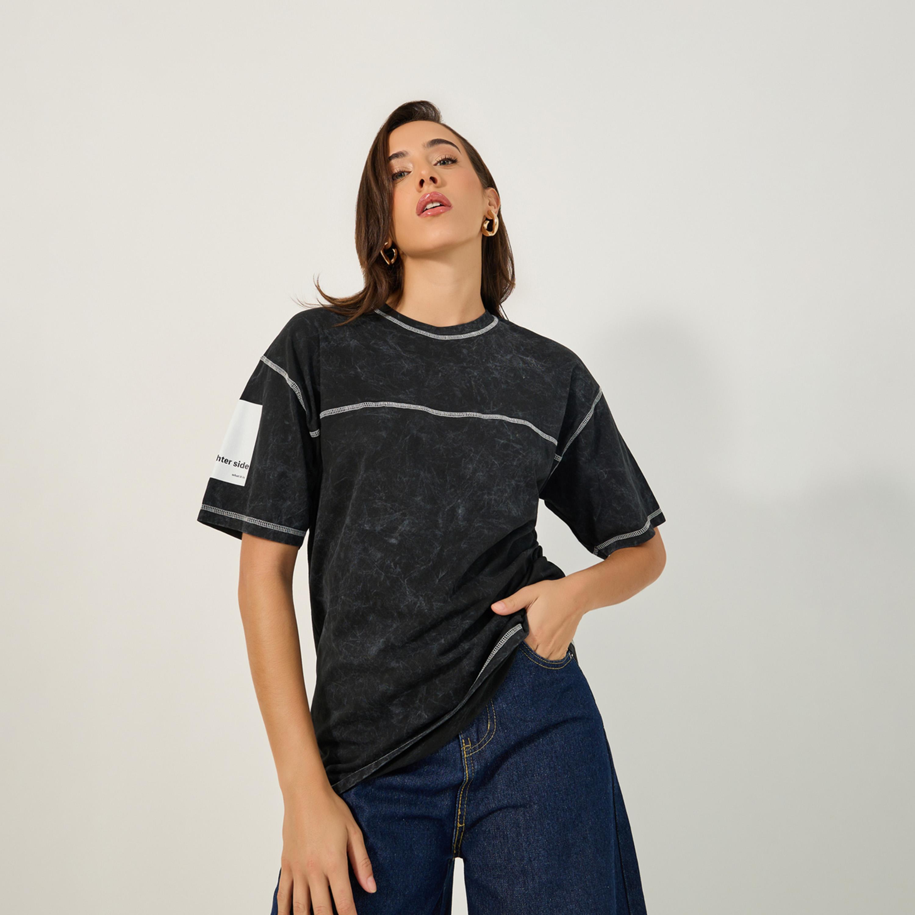 Styli Acid Wash Slogan Print Oversized T-Shirt-women-clothing-tshirts-image-2
