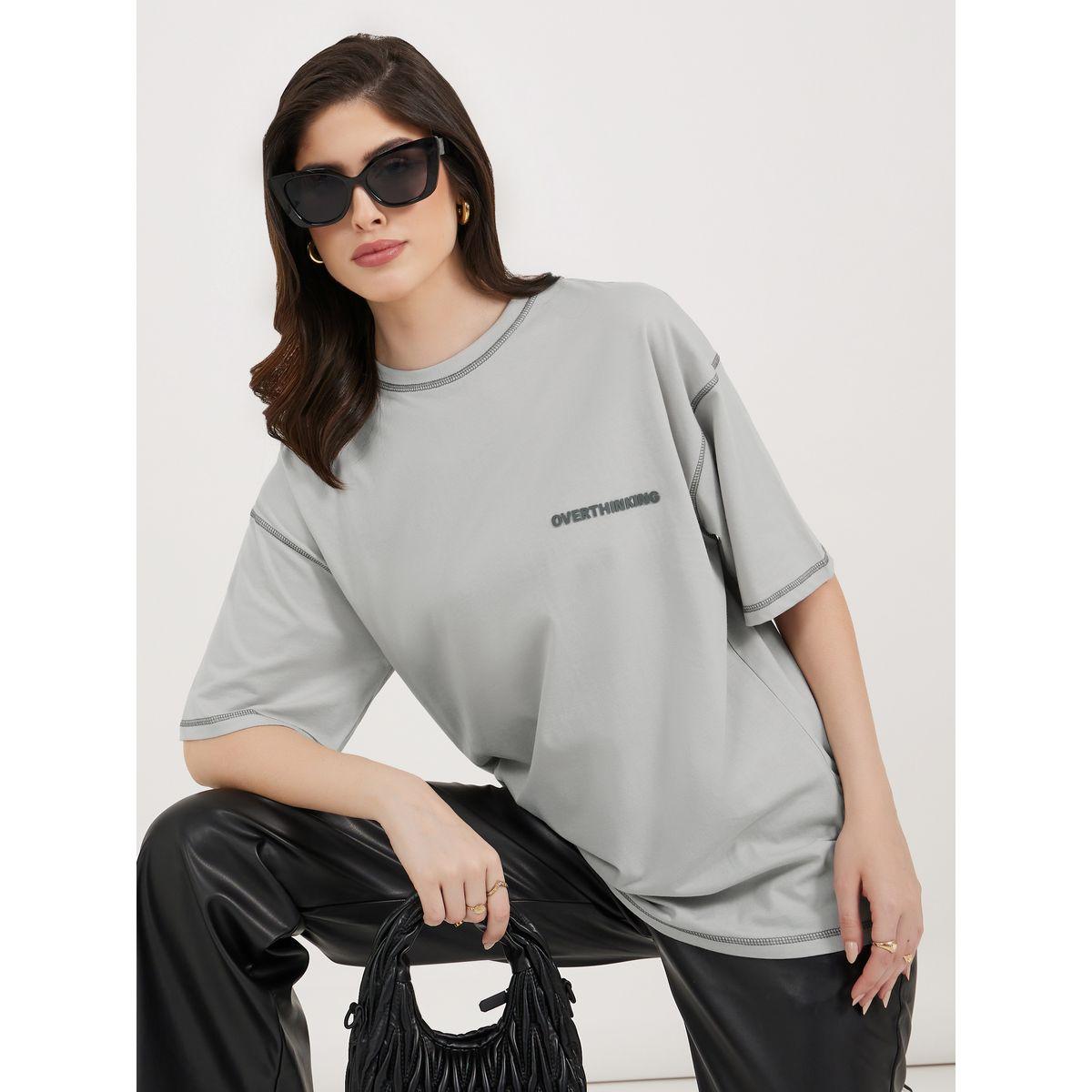 Slogan Print Oversized Jersey T-Shirt with Stitch Detail-women-clothing-tshirts-image-1
