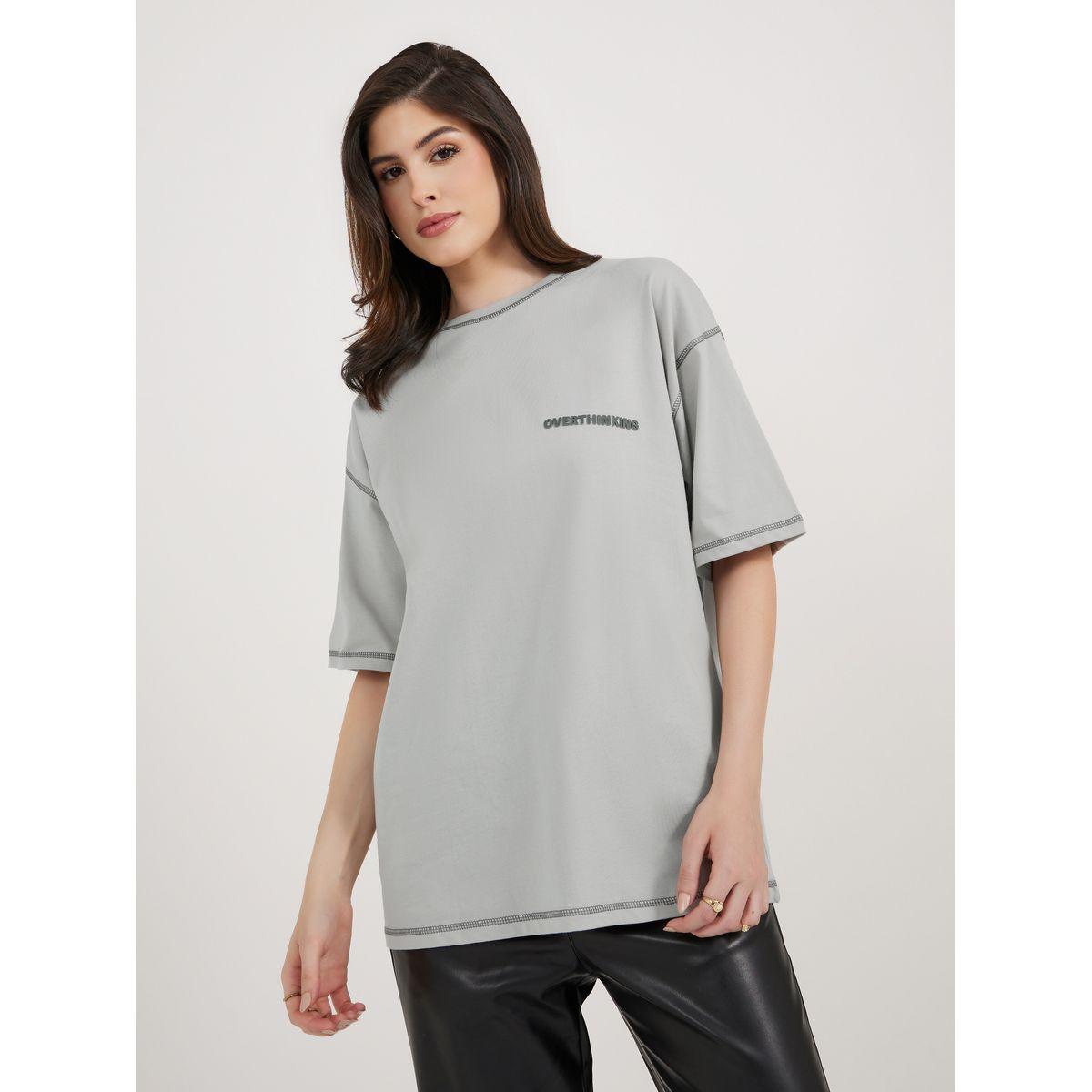 تي شيرت جيرسيه كبير الحجم بطبعة شعار مع تفاصيل غرز-women-clothing-tshirts-image-3