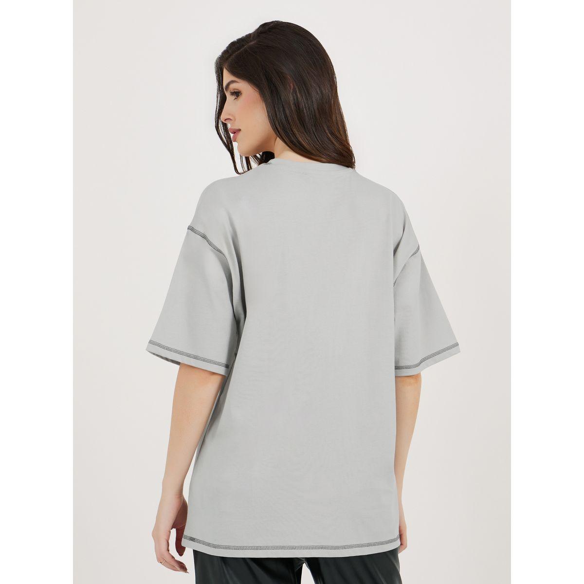 تي شيرت جيرسيه كبير الحجم بطبعة شعار مع تفاصيل غرز-women-clothing-tshirts-image-5