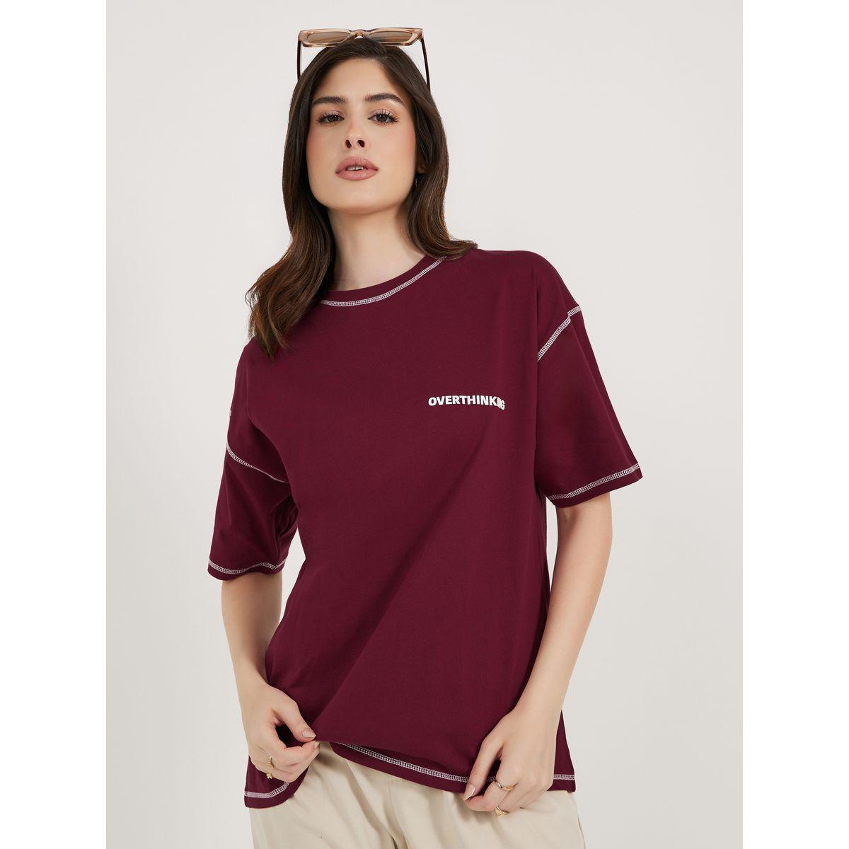 تي شيرت جيرسيه كبير الحجم بطبعة شعار مع تفاصيل غرز-women-clothing-tshirts-image-1