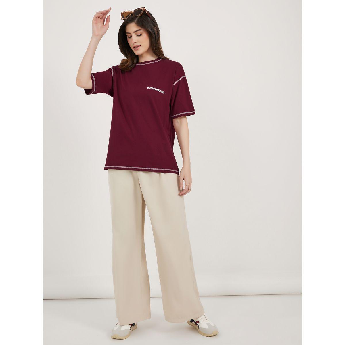 تي شيرت جيرسيه كبير الحجم بطبعة شعار مع تفاصيل غرز-women-clothing-tshirts-image-2