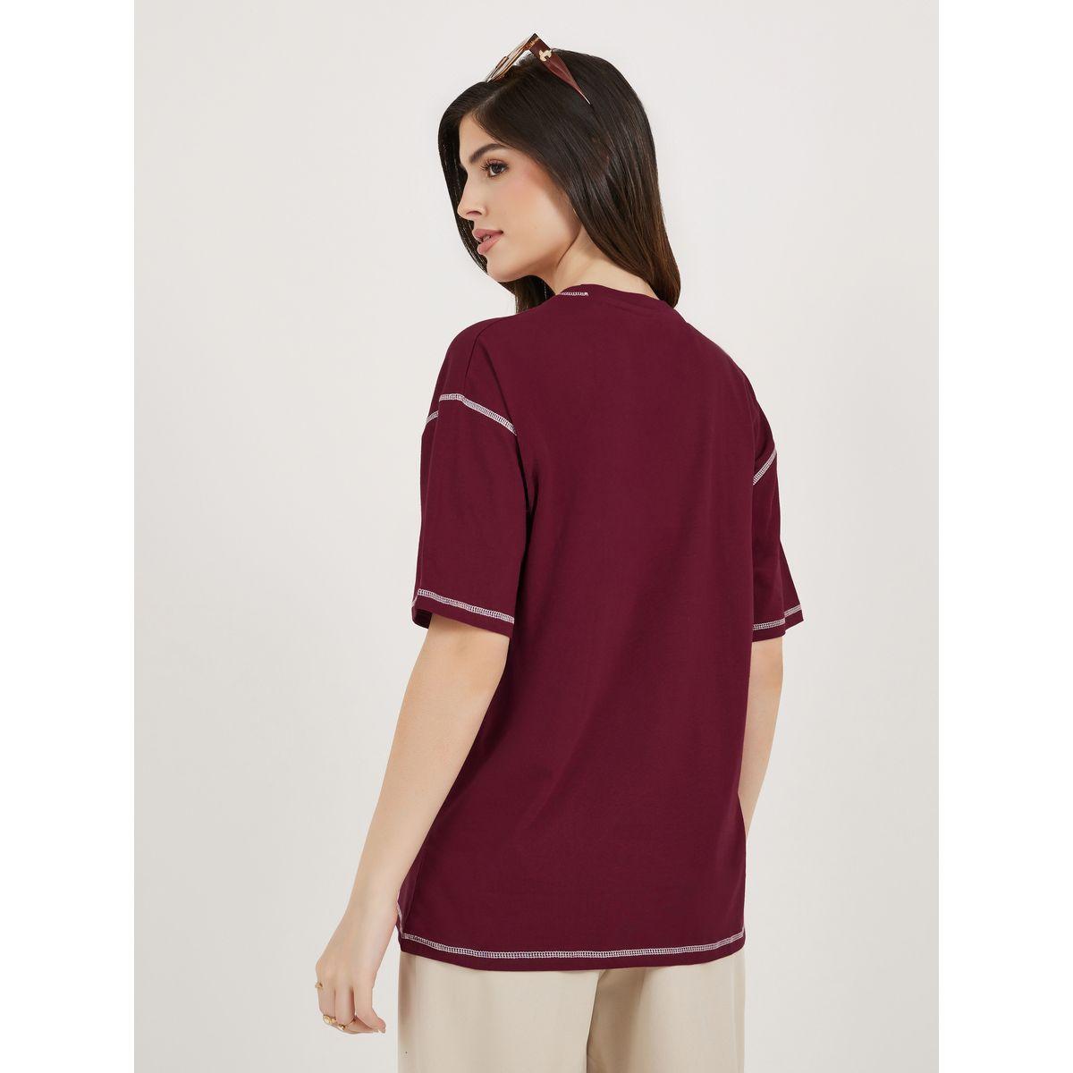 تي شيرت جيرسيه كبير الحجم بطبعة شعار مع تفاصيل غرز-women-clothing-tshirts-image-4