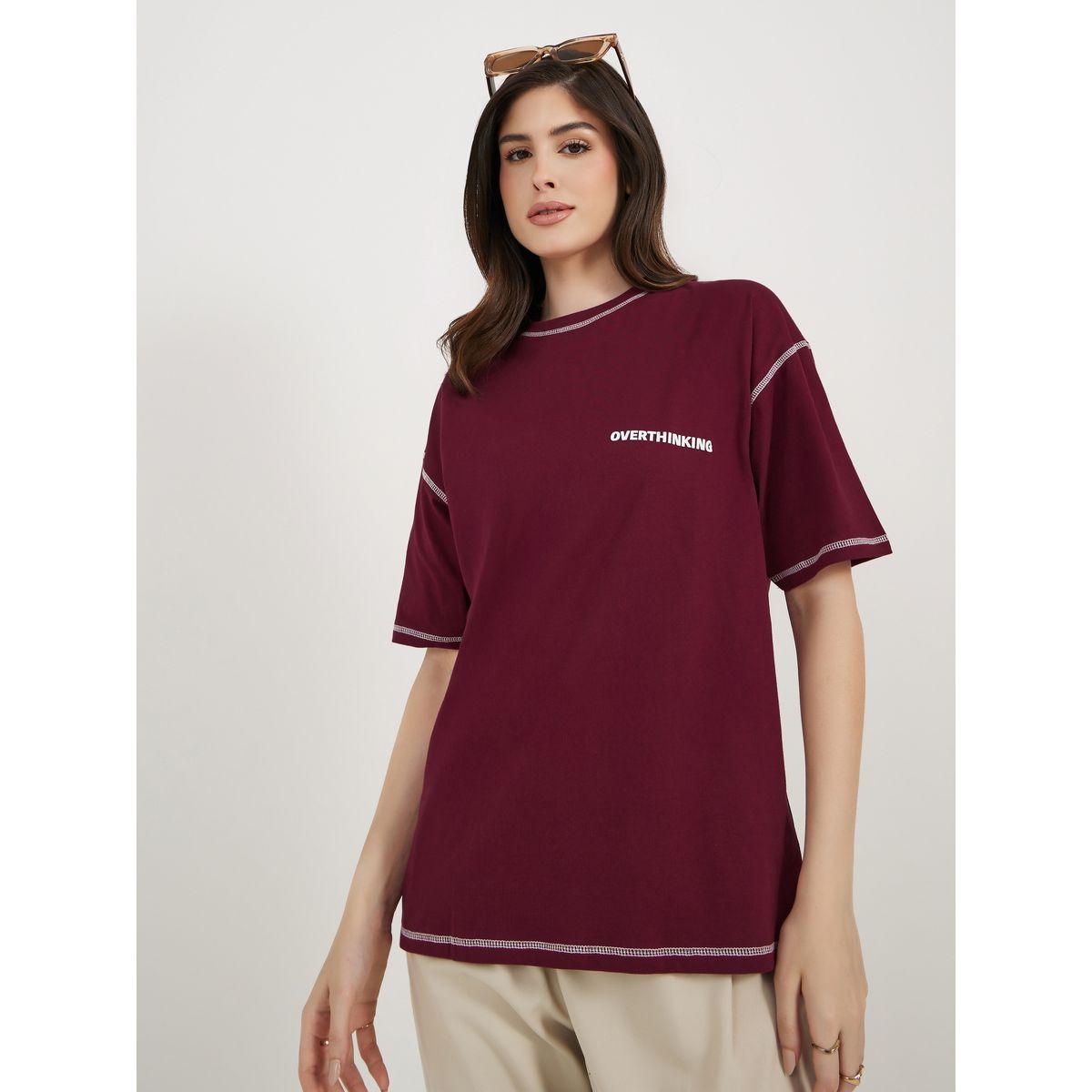 Slogan Print Oversized Jersey T-Shirt with Stitch Detail-women-clothing-tshirts-image-5