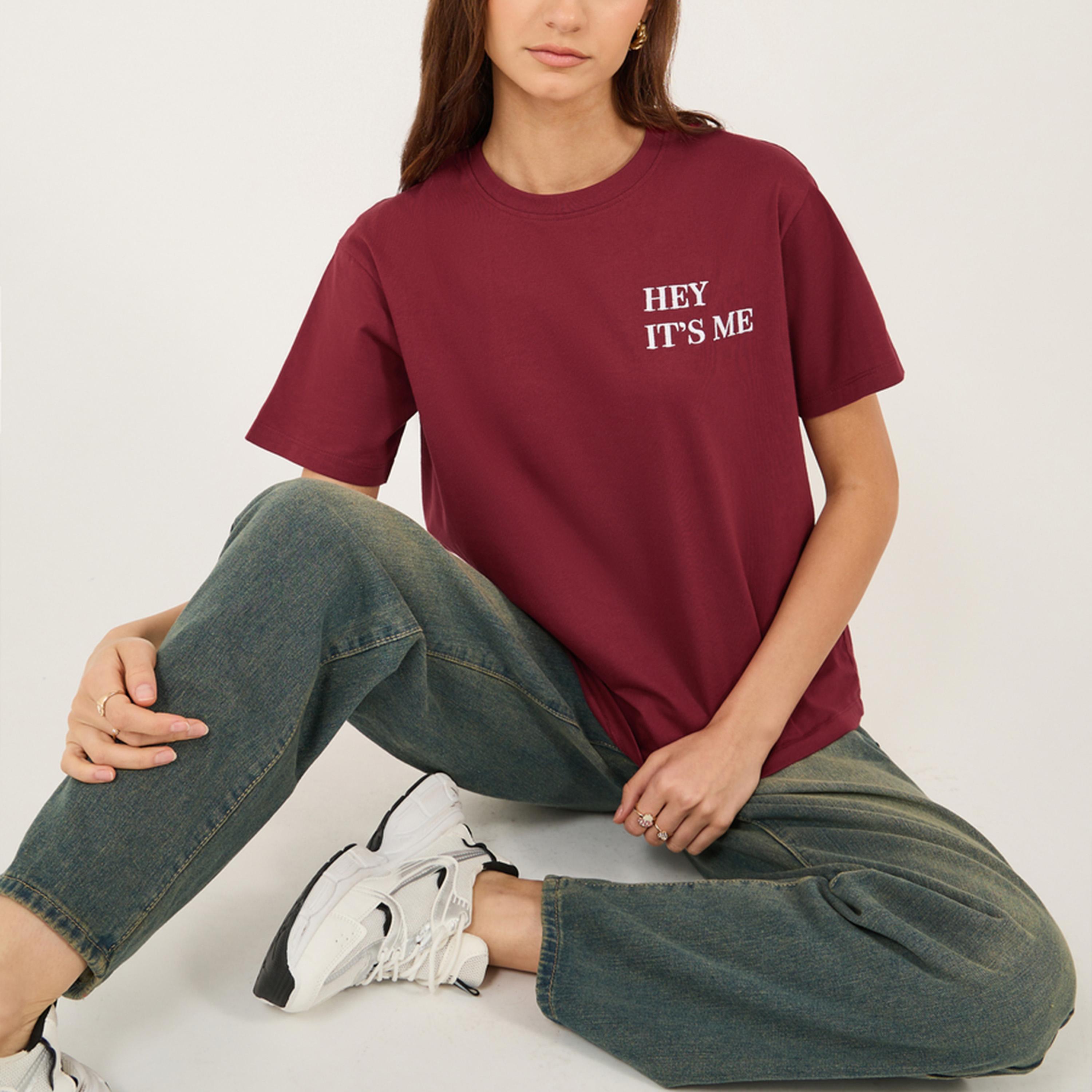 Styli Embroidered Slogan Relaxed Fit Round Neck T-Shirt-women-clothing-tshirts-image-1