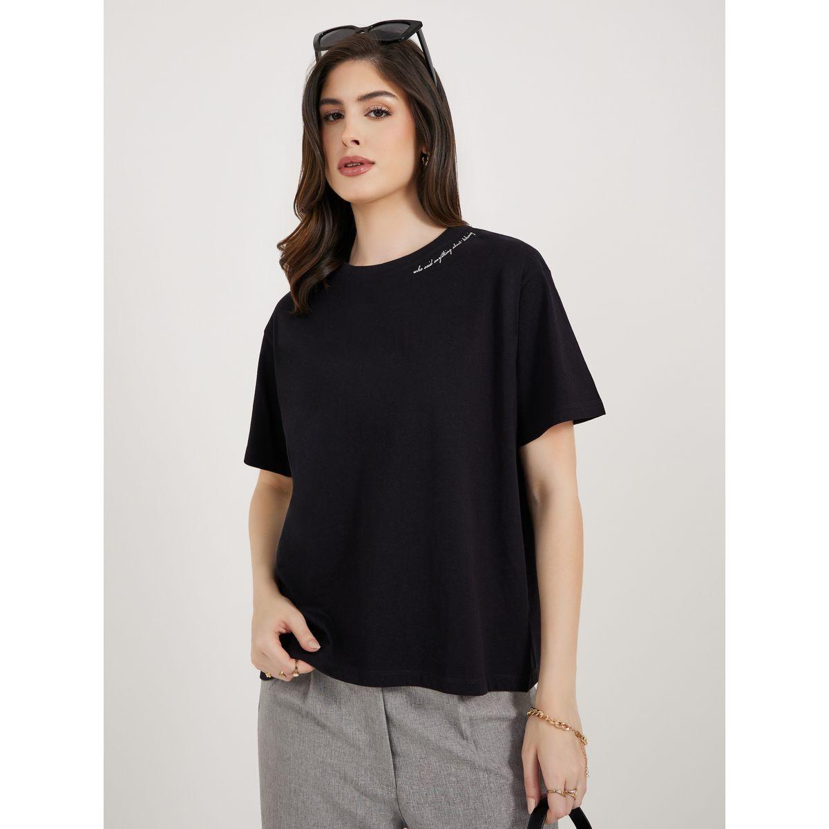 تيشيرت بوكسي بياقة دائرية وطبعة كتابة-women-clothing-tshirts-image-1