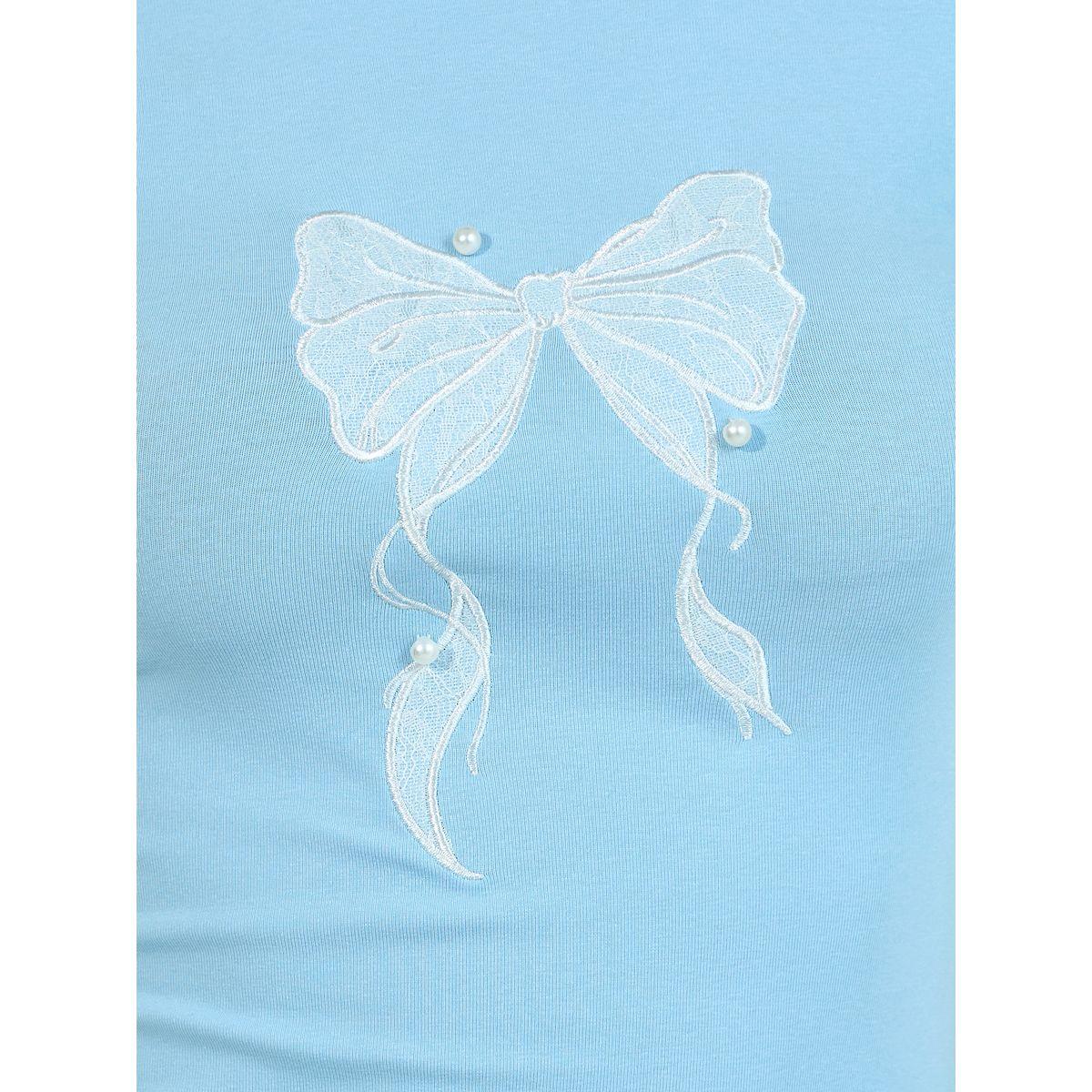 Styli Embroidered Bow Detail Slim Fit T-Shirt-women-clothing-tshirts-image-3