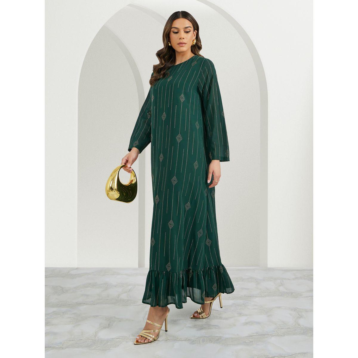 Styli Embellished Round Neck Ruffle Hem Jalabiya-women-arabicclothing-jalabiyas-image-1