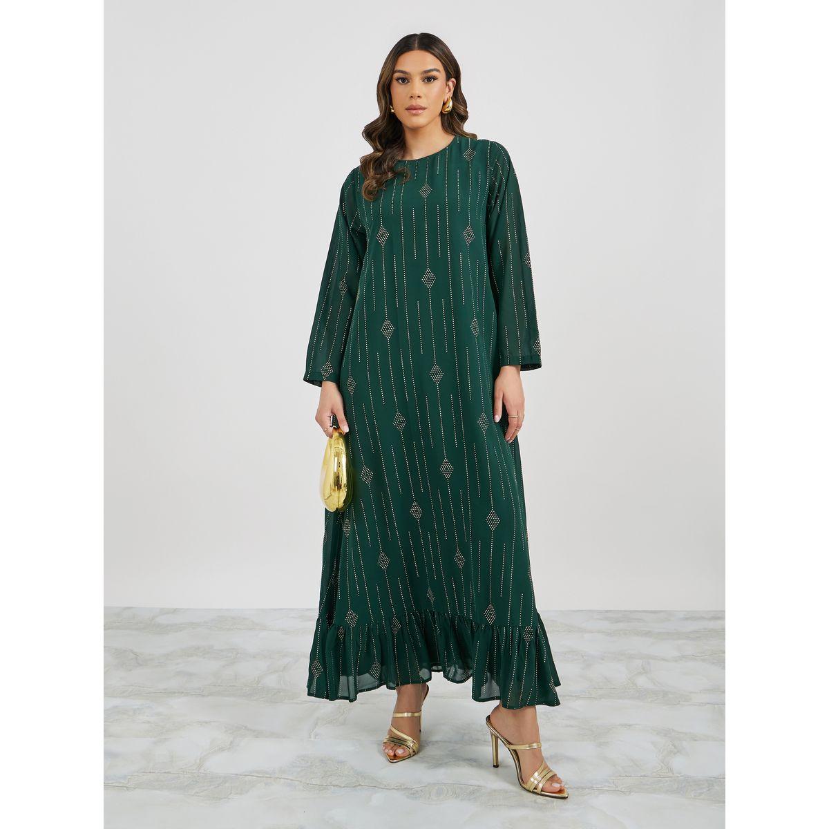 Styli Embellished Round Neck Ruffle Hem Jalabiya-women-arabicclothing-jalabiyas-image-4