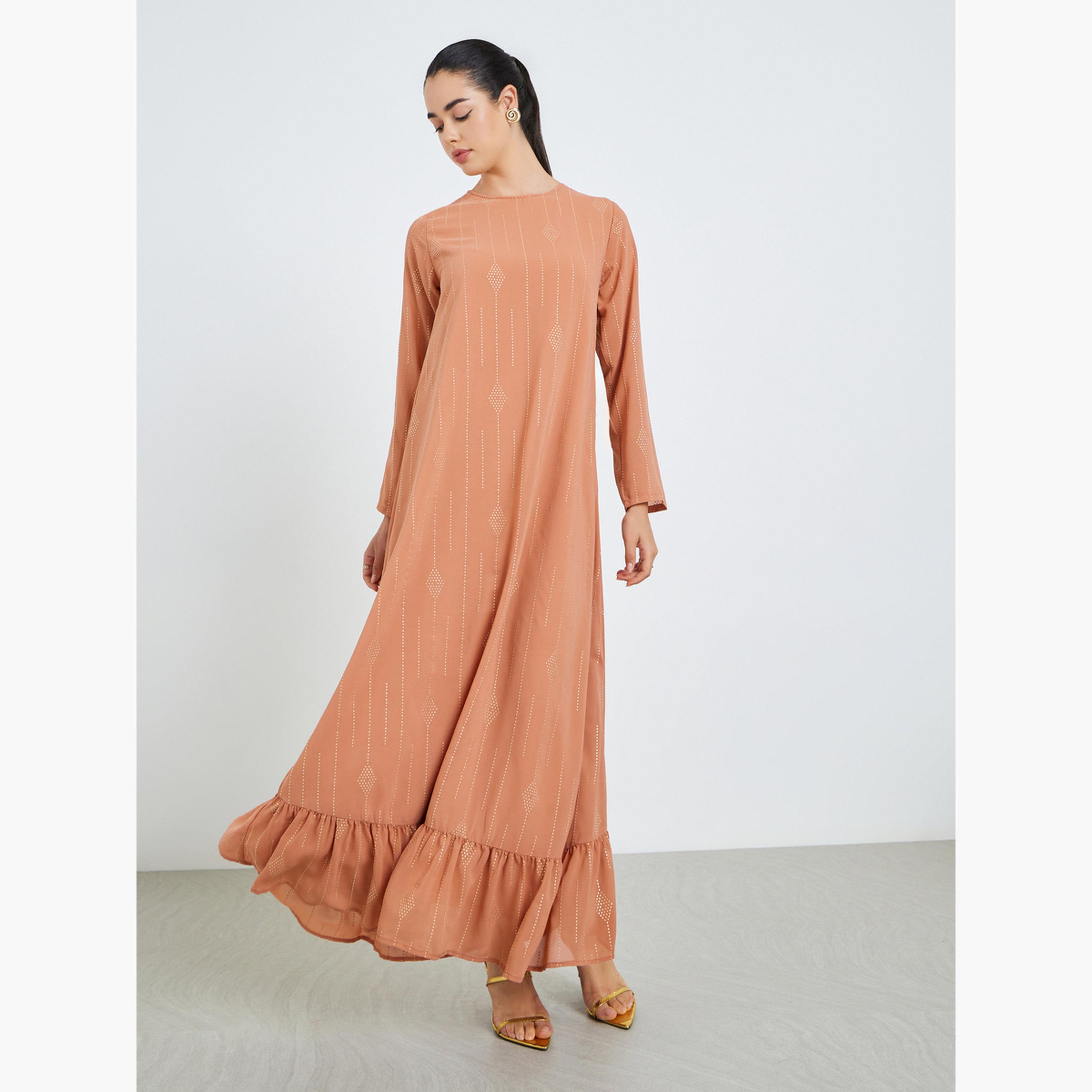 Styli Women Peach Ruffled Hem Maxi Jalabiya-women-arabicclothing-jalabiyas-image-1