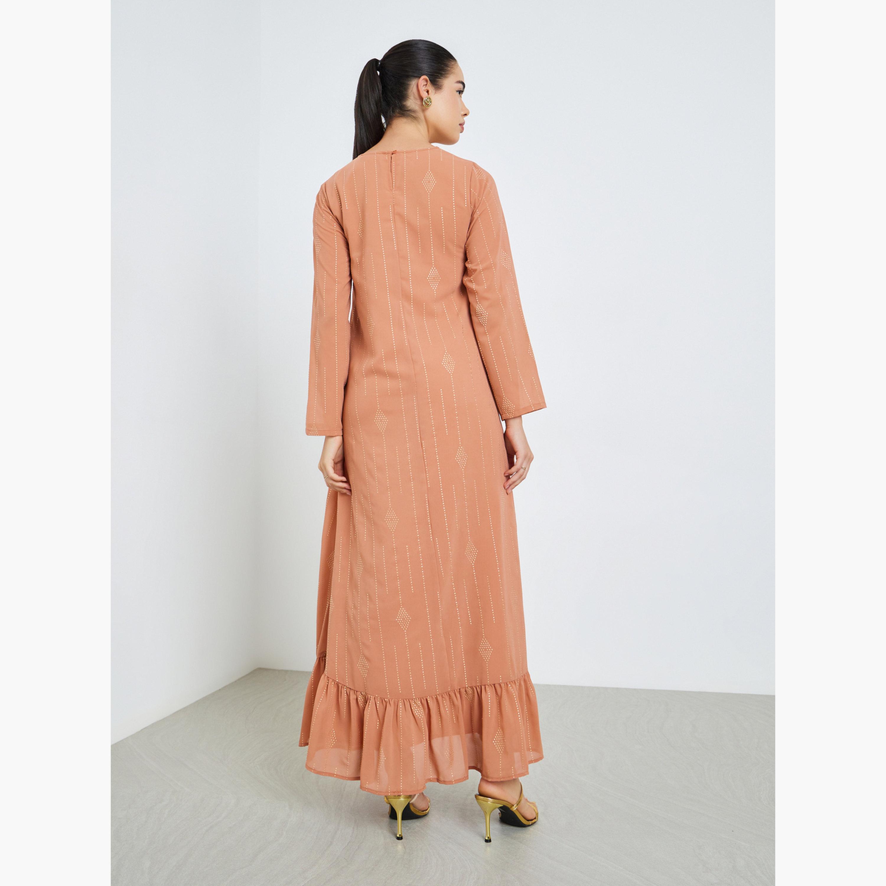 Styli Women Peach Ruffled Hem Maxi Jalabiya-women-arabicclothing-jalabiyas-image-5