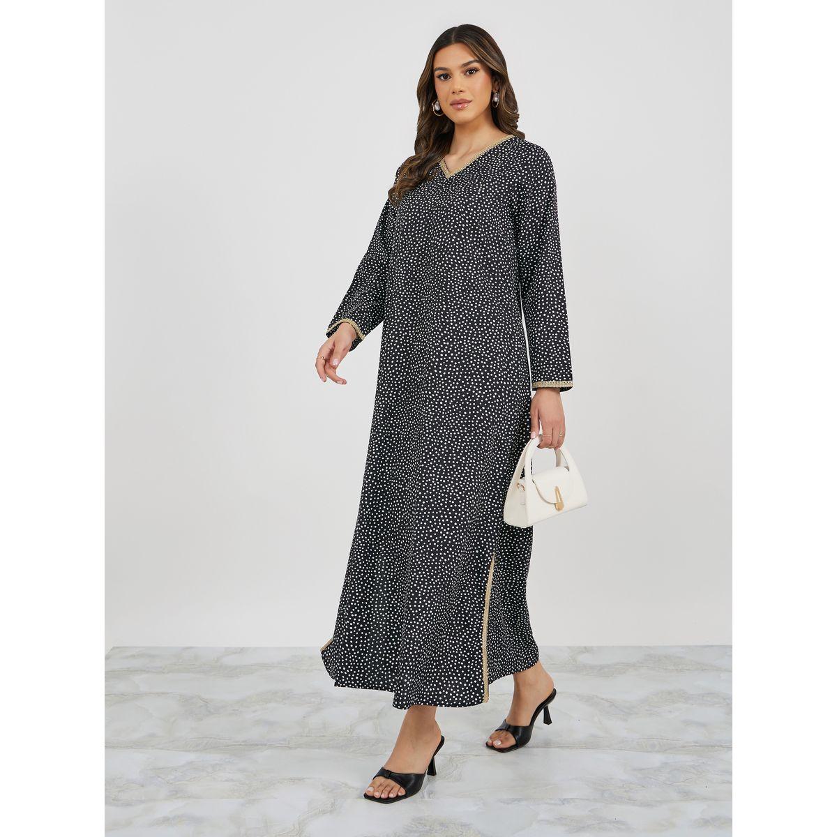 Amirah X Styli All-Over Polka Dot Print V Neck Jalabiya with Lace Trims-women-arabicclothing-jalabiyas-image-2