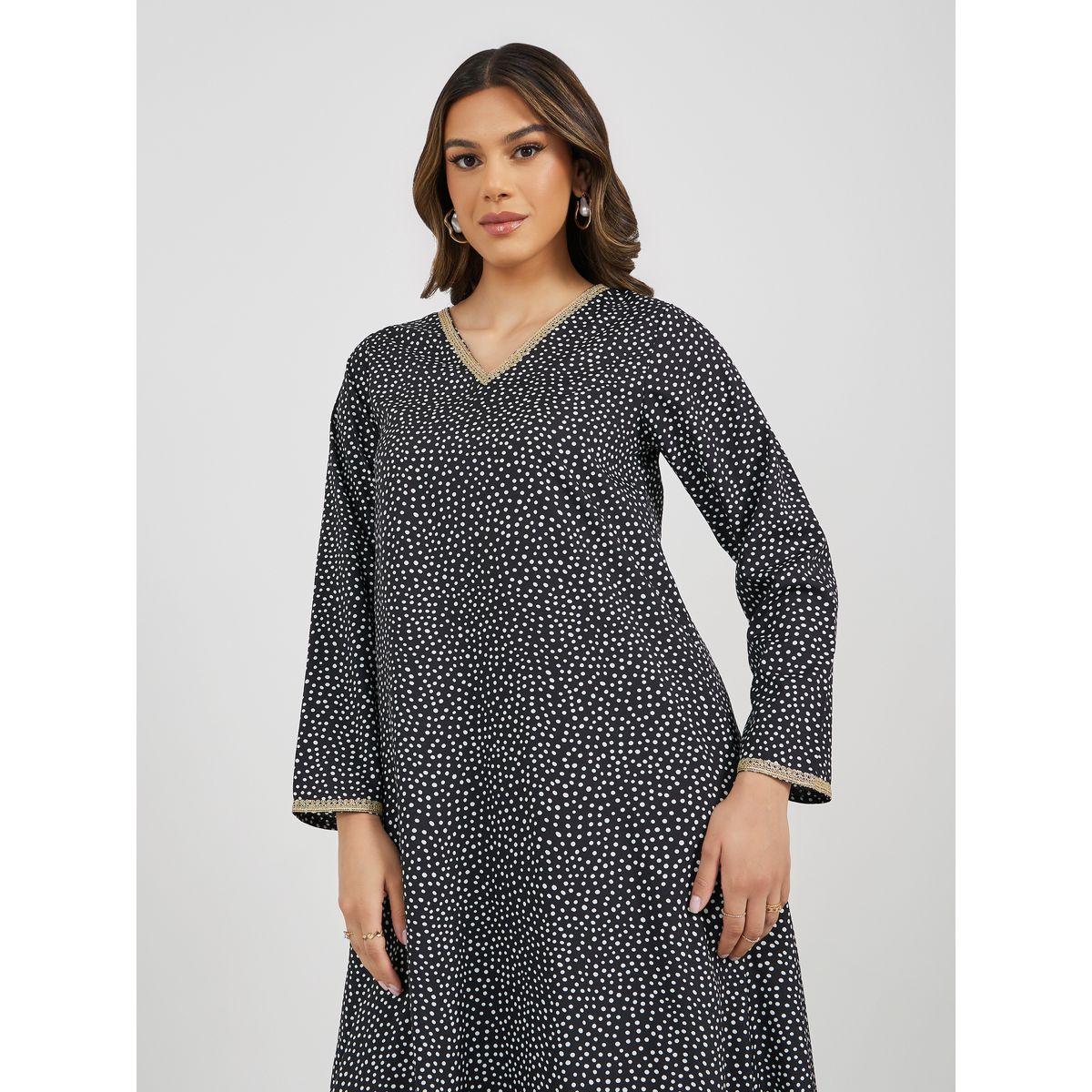 جلابية بنقشات نقاط بولكا كاملة وياقة V مع دانتيل-women-arabicclothing-jalabiyas-image-3