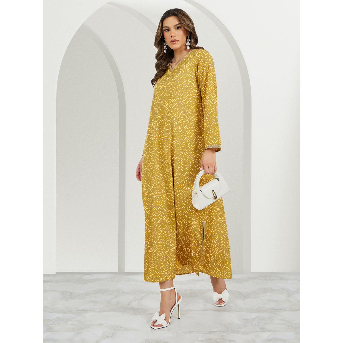 Styli All-Over Polka Dot Print V Neck Jalabiya with Lace Trims-women-arabicclothing-jalabiyas-image-1