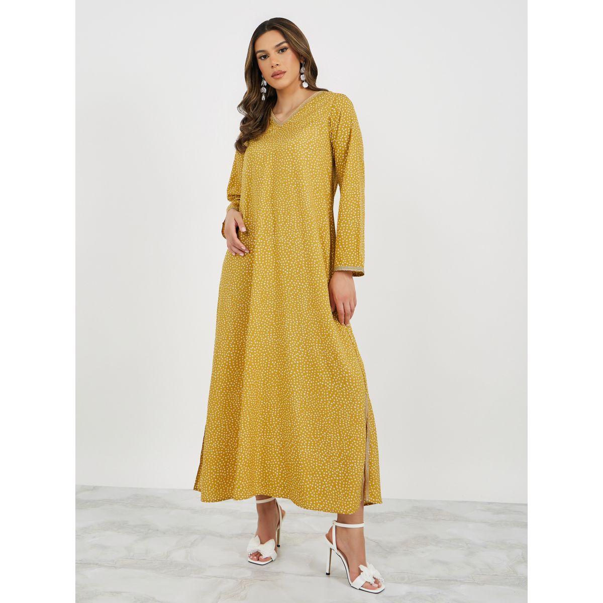 Styli All-Over Polka Dot Print V Neck Jalabiya with Lace Trims-women-arabicclothing-jalabiyas-image-2