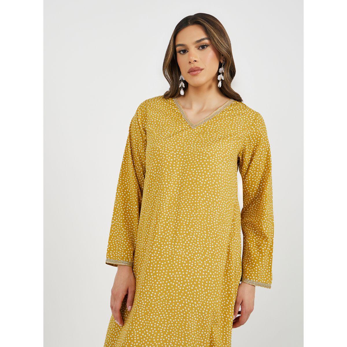 Styli All-Over Polka Dot Print V Neck Jalabiya with Lace Trims-women-arabicclothing-jalabiyas-image-3