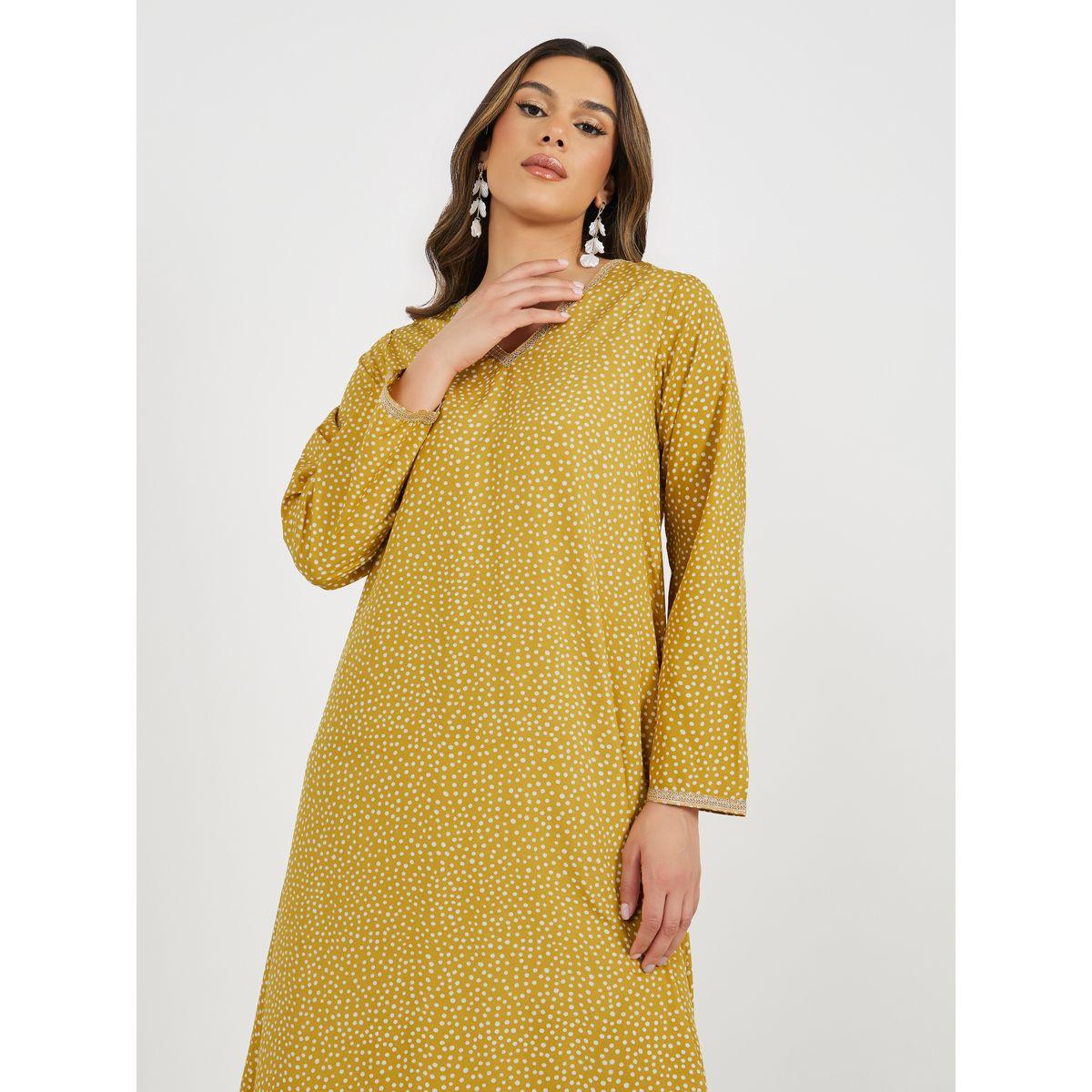 Styli All-Over Polka Dot Print V Neck Jalabiya with Lace Trims-women-arabicclothing-jalabiyas-image-4