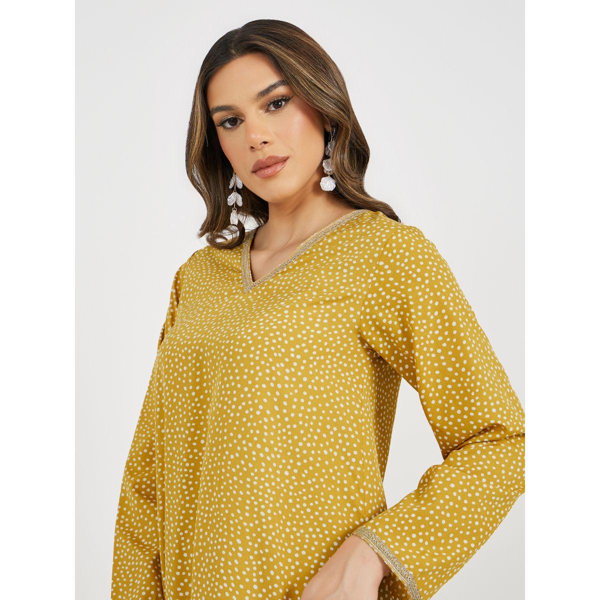 Styli All-Over Polka Dot Print V Neck Jalabiya with Lace Trims-women-arabicclothing-jalabiyas-image-5