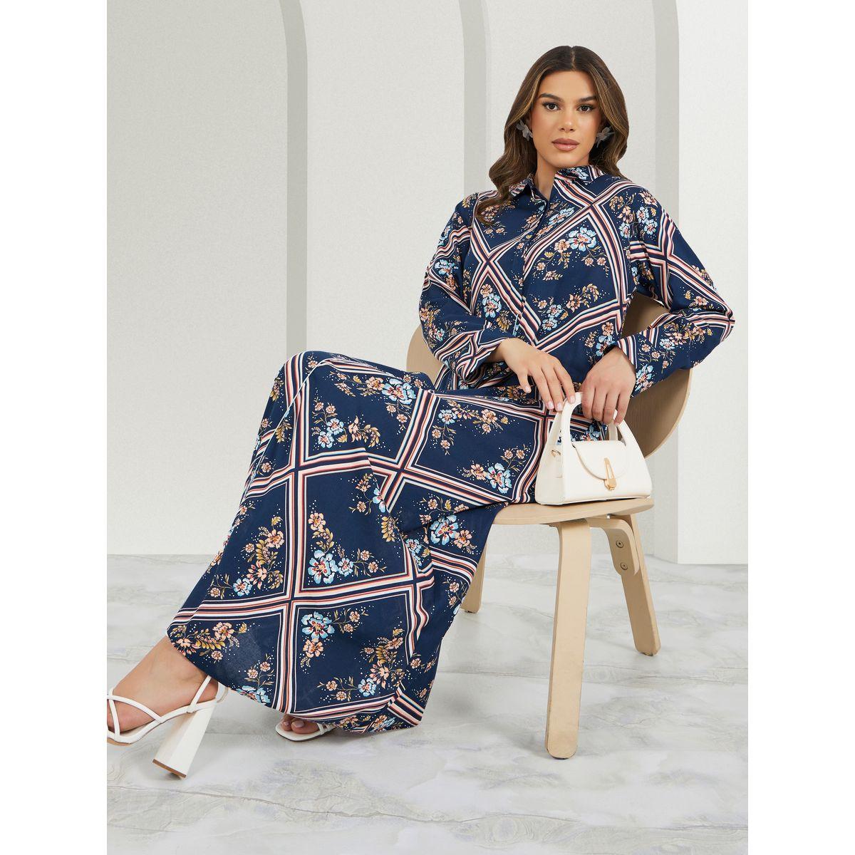 Styli All-Over Print Shirt Collar Jalabiya-women-arabicclothing-jalabiyas-image-1