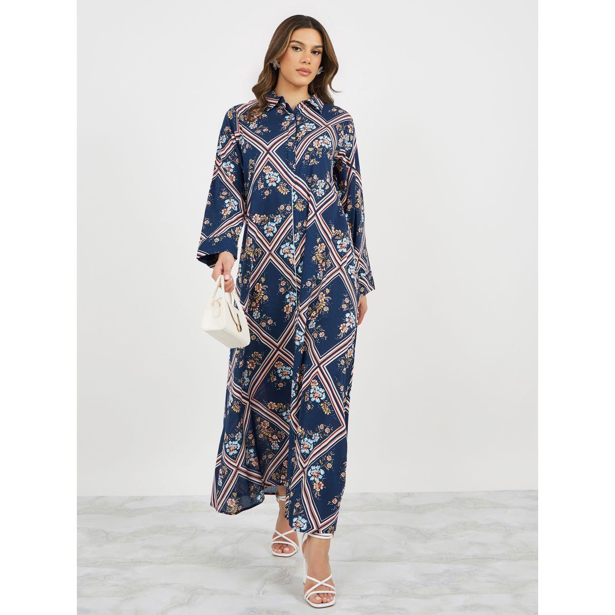 Styli All-Over Print Shirt Collar Jalabiya-women-arabicclothing-jalabiyas-image-2