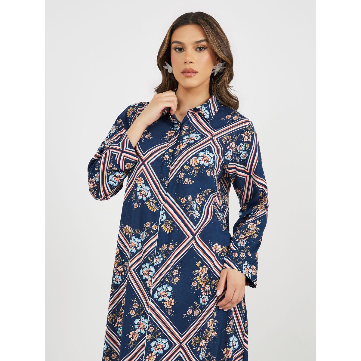 Styli All-Over Print Shirt Collar Jalabiya-women-arabicclothing-jalabiyas-image-4