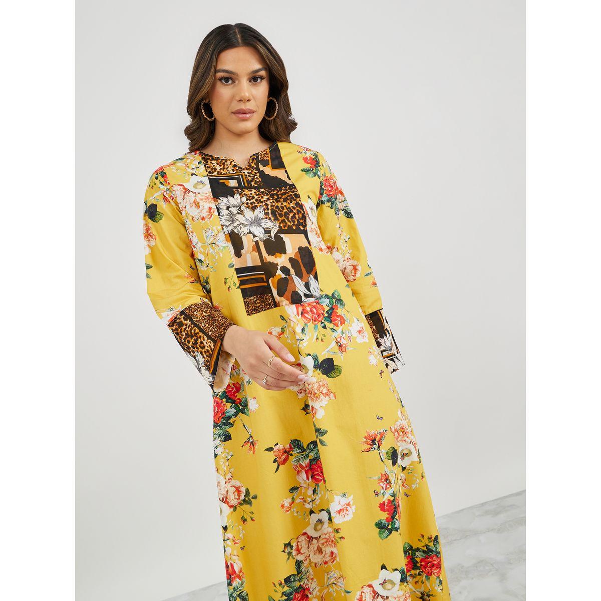 Styli All-Over Floral and Leopard Notch Neck Jalabiya-women-arabicclothing-jalabiyas-image-2