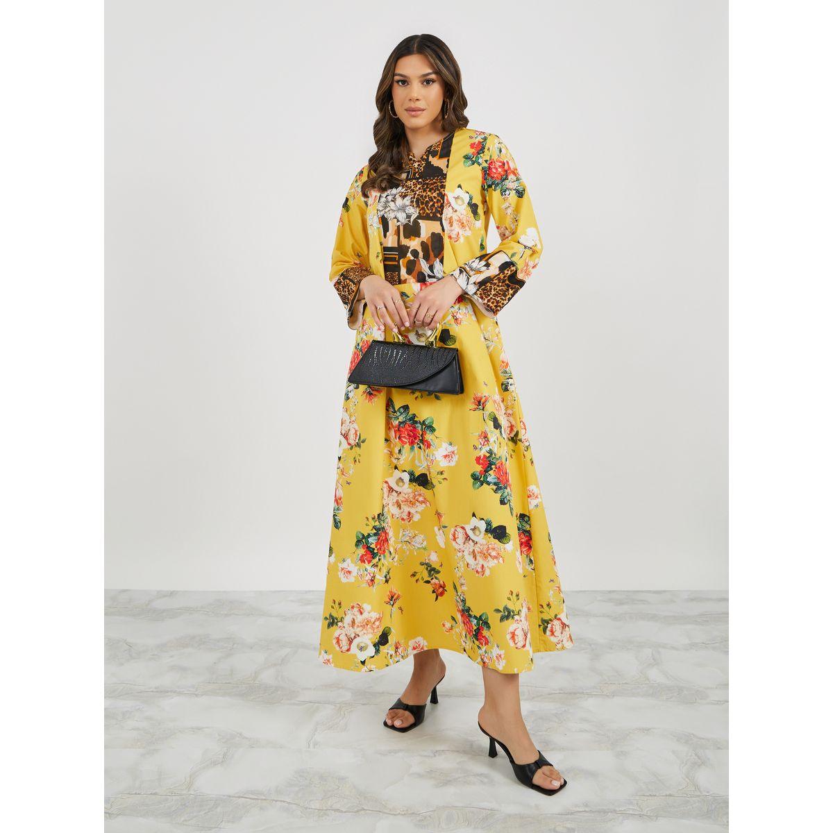 Styli All-Over Floral and Leopard Notch Neck Jalabiya-women-arabicclothing-jalabiyas-image-3