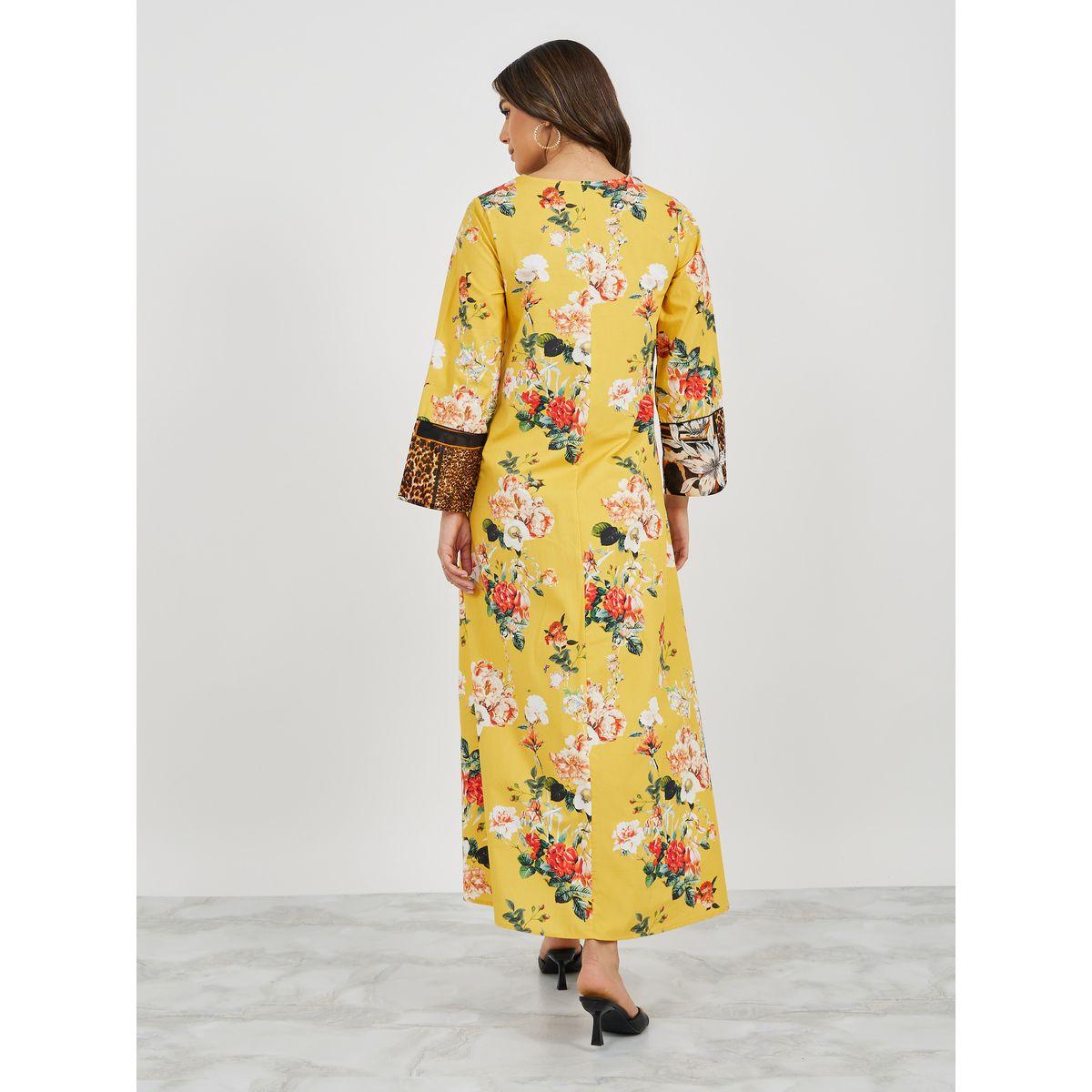Styli All-Over Floral and Leopard Notch Neck Jalabiya-women-arabicclothing-jalabiyas-image-7