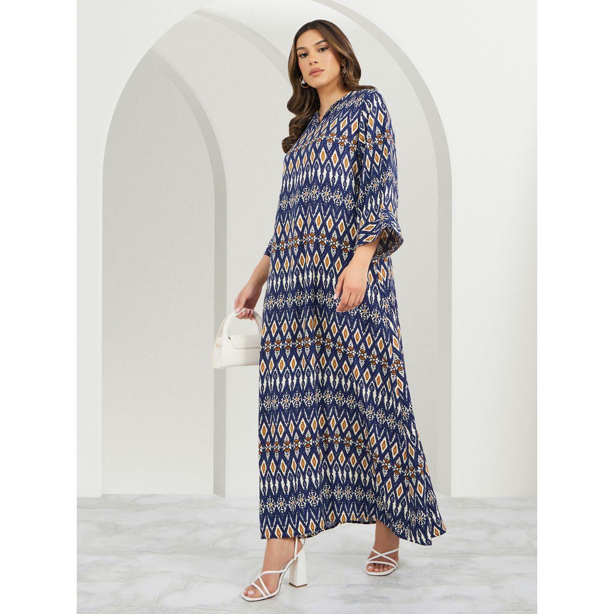 جلابية بياقة V بنقشات هندسية كاملة-women-arabicclothing-jalabiyas-image-1
