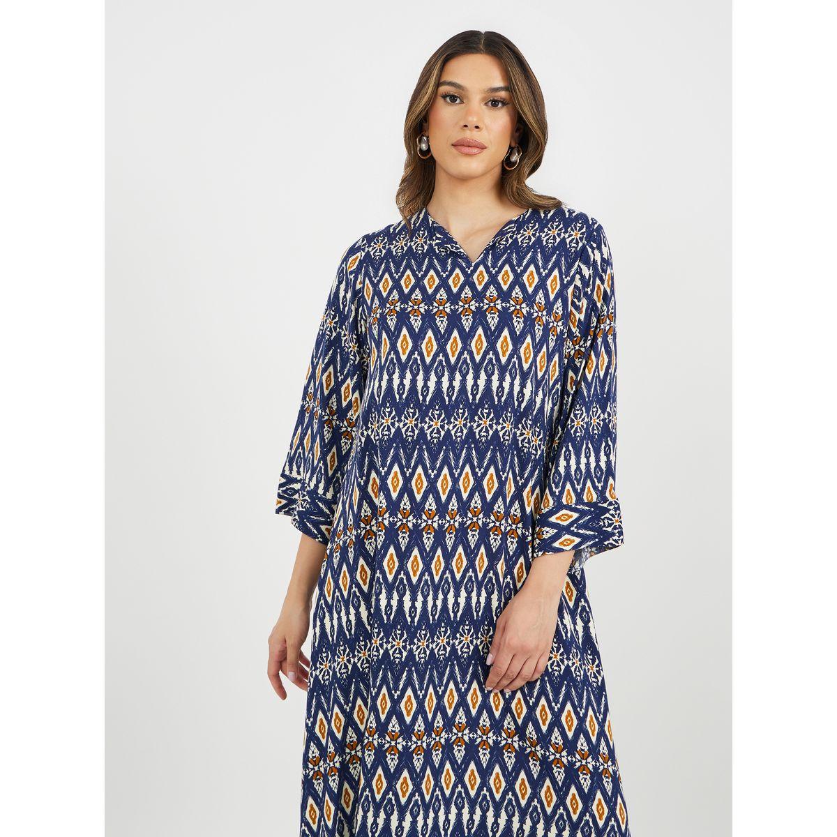 جلابية بياقة V بنقشات هندسية كاملة-women-arabicclothing-jalabiyas-image-2