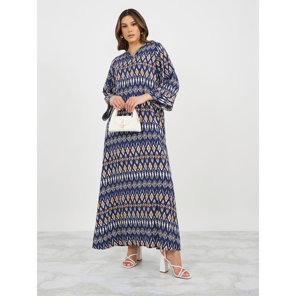جلابية بياقة V بنقشات هندسية كاملة-women-arabicclothing-jalabiyas-image-3
