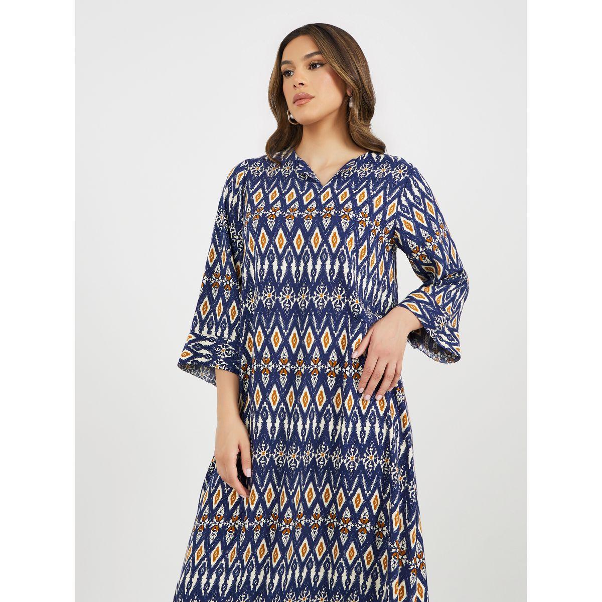 جلابية بياقة V بنقشات هندسية كاملة-women-arabicclothing-jalabiyas-image-4