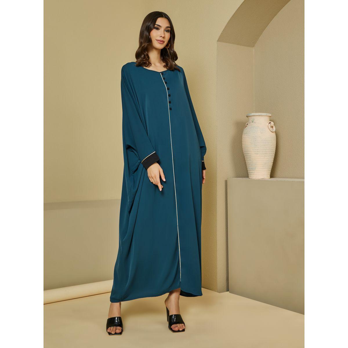 Styli Round Neck Batwing Sleeves Jalabiya with Piping Detail-women-arabicclothing-jalabiyas-image-1