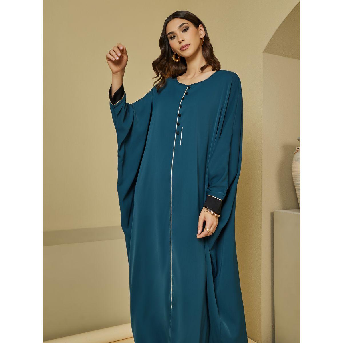Styli Round Neck Batwing Sleeves Jalabiya with Piping Detail-women-arabicclothing-jalabiyas-image-2