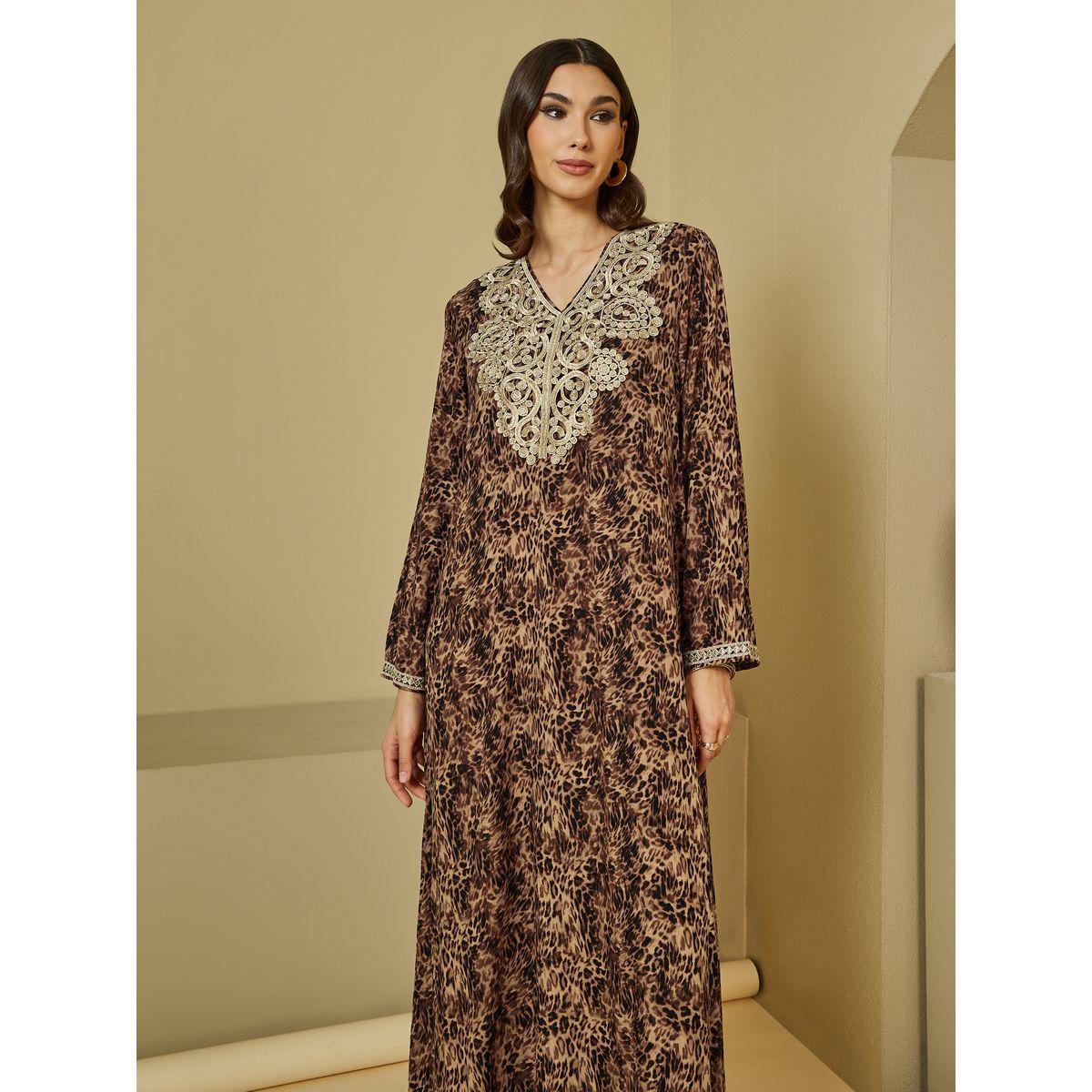 Styli Leopard Print Jalabiya with Golden Lace Detail-women-arabicclothing-jalabiyas-image-2