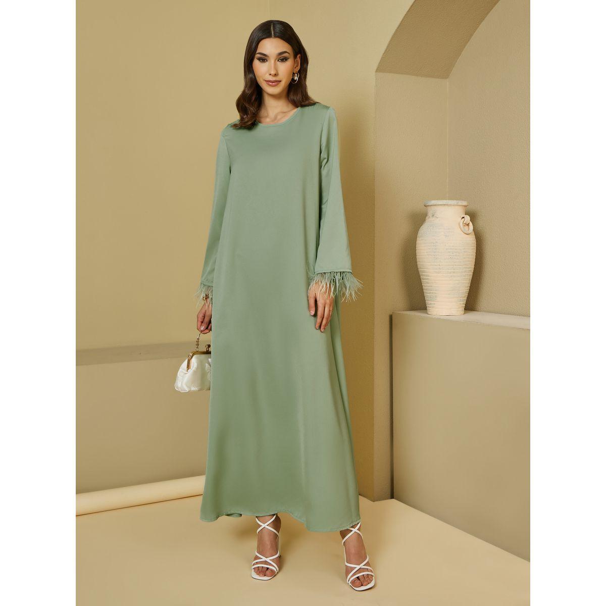 Amirah X Styli Round Neck Jalabiya with Feather Trim On Sleeves-women-arabicclothing-jalabiyas-image-1