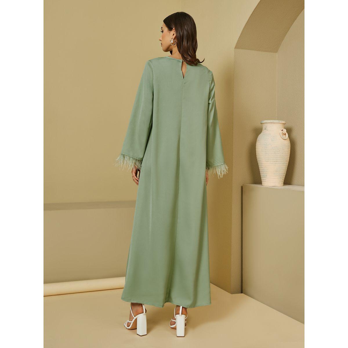 Amirah X Styli Round Neck Jalabiya with Feather Trim On Sleeves-women-arabicclothing-jalabiyas-image-4