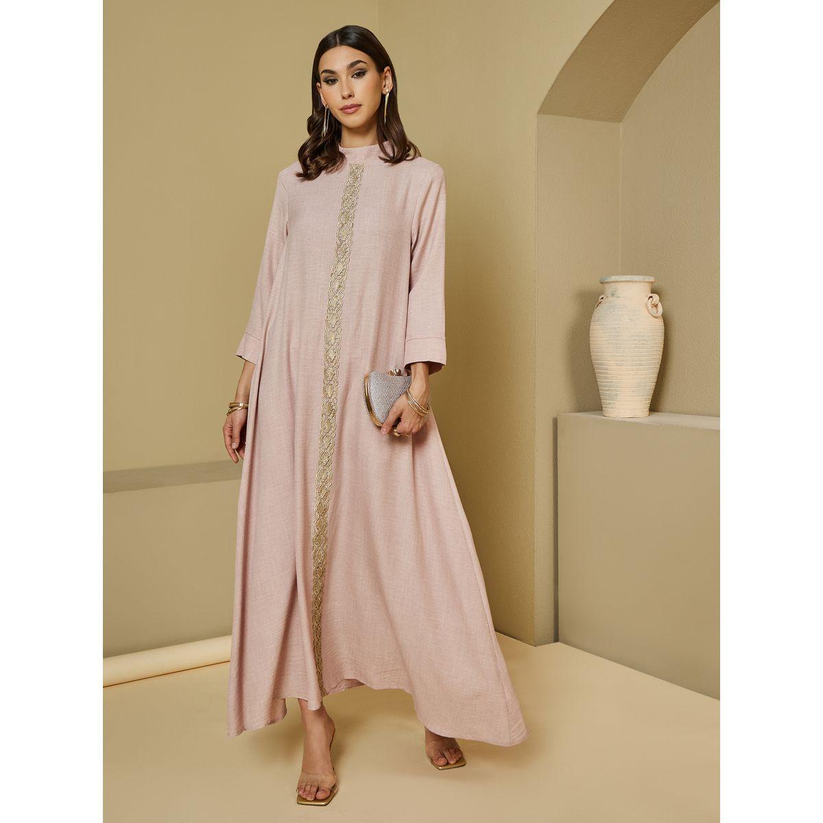 Styli High Neck Lace Details Front Jalabiya-women-arabicclothing-jalabiyas-image-1