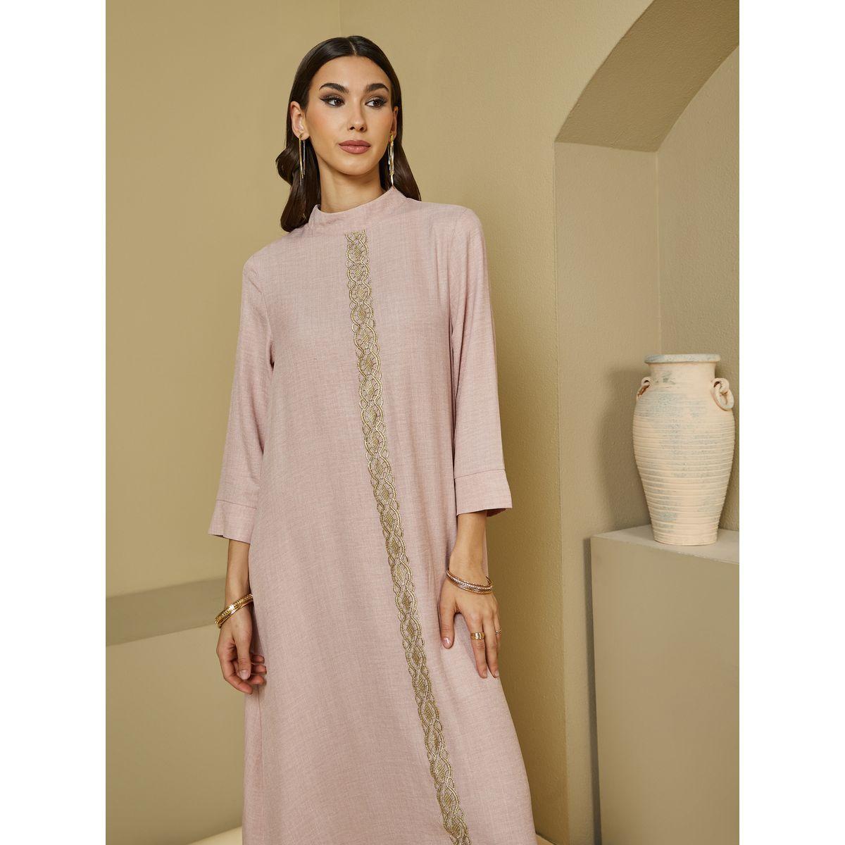 Styli High Neck Lace Details Front Jalabiya-women-arabicclothing-jalabiyas-image-2