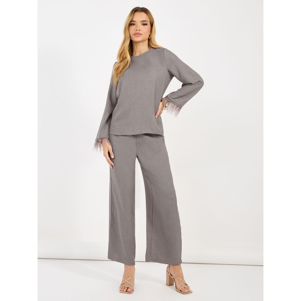 Amirah X Styli Solid Top with feather trim Sleeves & Wide Leg Pants Co-Ords Set-women-clothing-coordsets-image-1