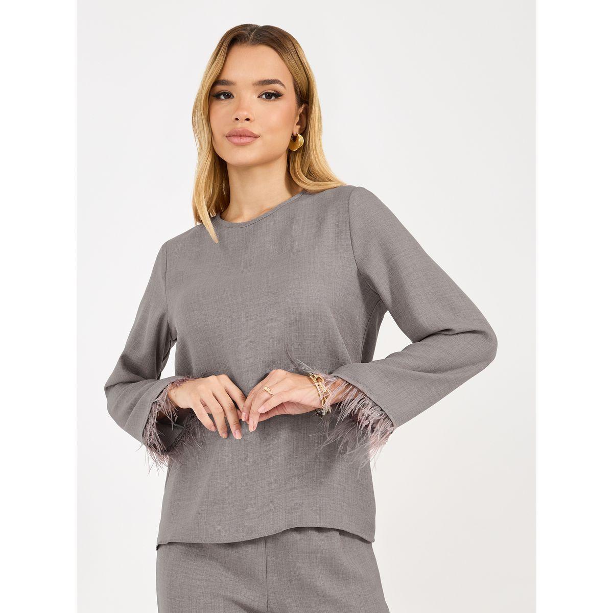 Amirah X Styli Solid Top with feather trim Sleeves & Wide Leg Pants Co-Ords Set-women-clothing-coordsets-image-2