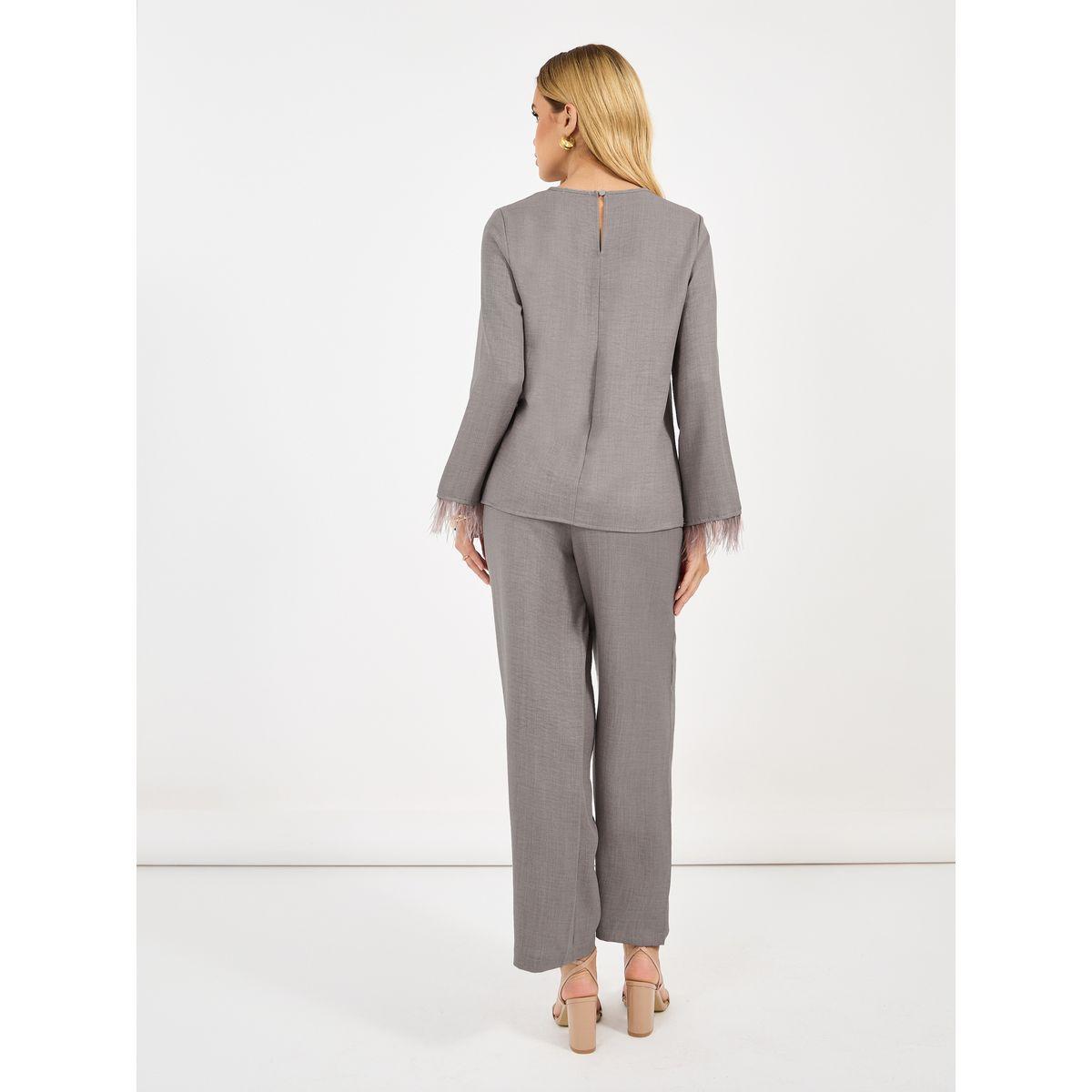 Amirah X Styli Solid Top with feather trim Sleeves & Wide Leg Pants Co-Ords Set-women-clothing-coordsets-image-4
